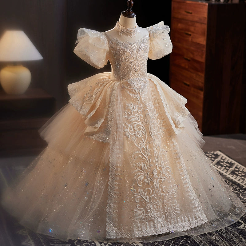 Champagne Princess Mock Neck Floor-Length Organza Flower Girl Dress for Weddings & Special Occasions - Elegant & Comfortable Formal Wear