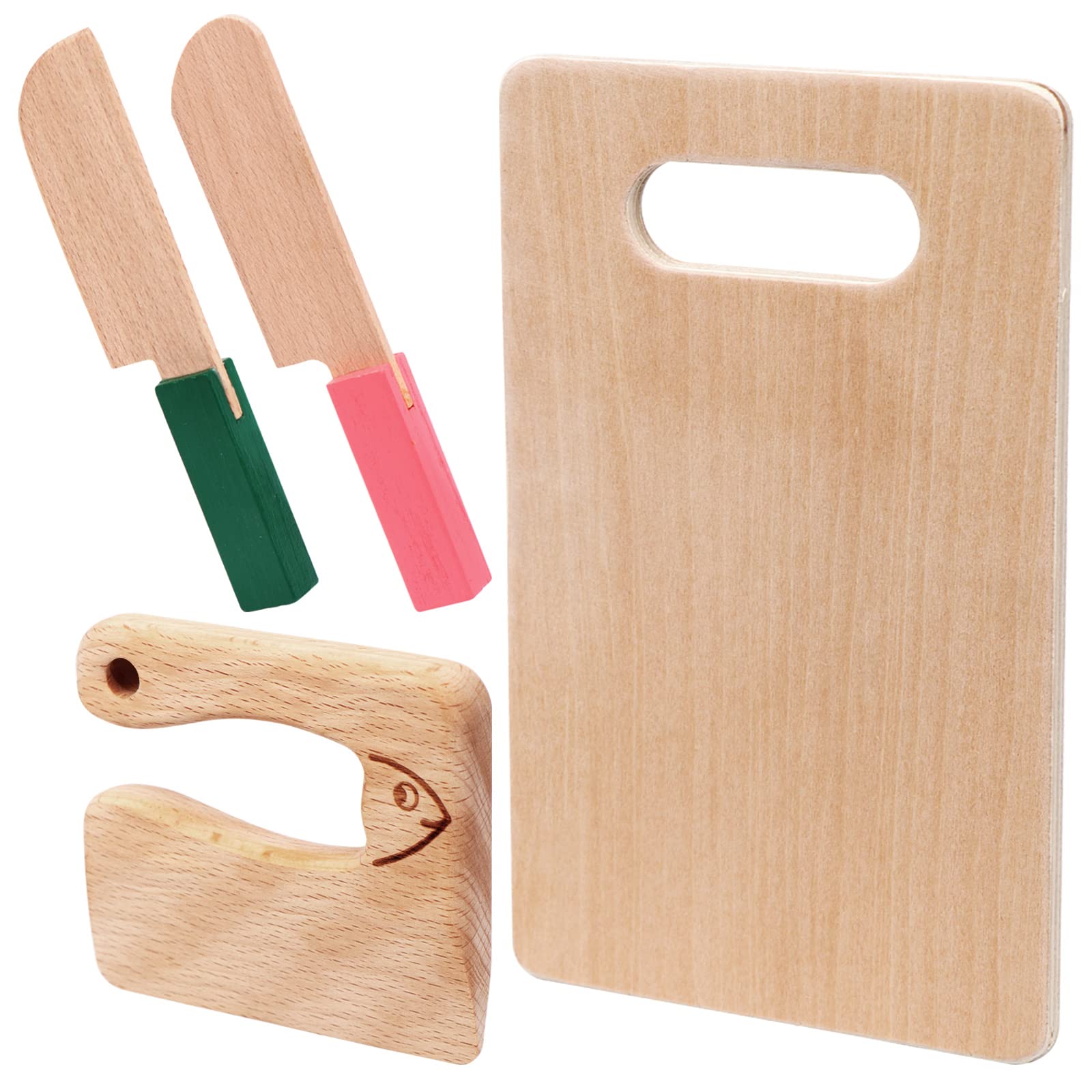 VAIPI 4-Piece Wooden Kids Knife Set - Safe Cooking Utensils for Children with Rectangle Cutting Board - Perfect for Chopping Veggies, Lettuce, Fruits, Salad & Cake - Ideal for Kids Kitchen Play & Early Cooking Skills Development