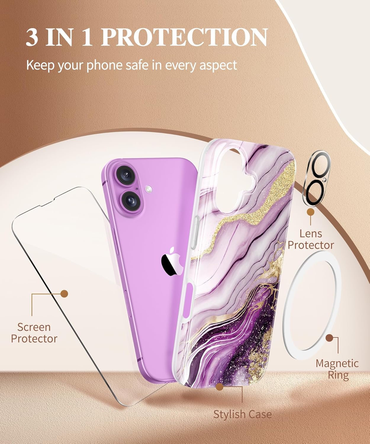 iPhone 16 Case with Screen Protector & Camera Lens Cover - Slim Shockproof TPU Bumper Protective Phone Cover for Everyday Use, Travel & Outdoor Activities
