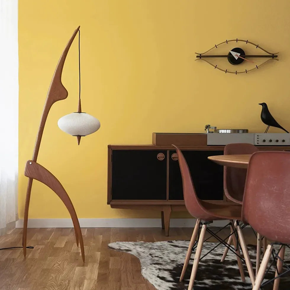 Modern Wooden Hanging Arched Floor Lamp - Adjustable Height, Natural Finish - Perfect for Living Room, Bedroom, or Office Lighting Decor