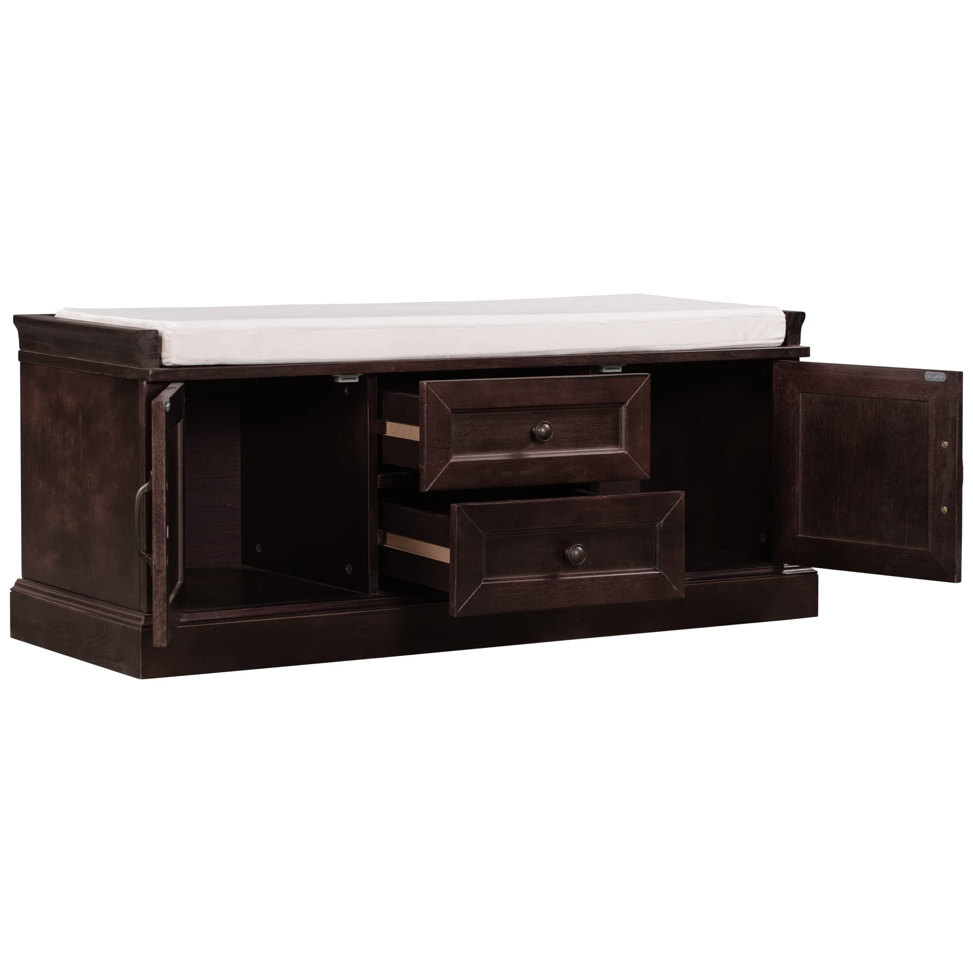 Solid Wood Storage Bench with 2 Drawers & 2 Cabinets - Entryway Shoe Bench Ottoman with Removable Cushions for Living Room, Hallway - Espresso Finish for Home Organization & Comfortable Seating