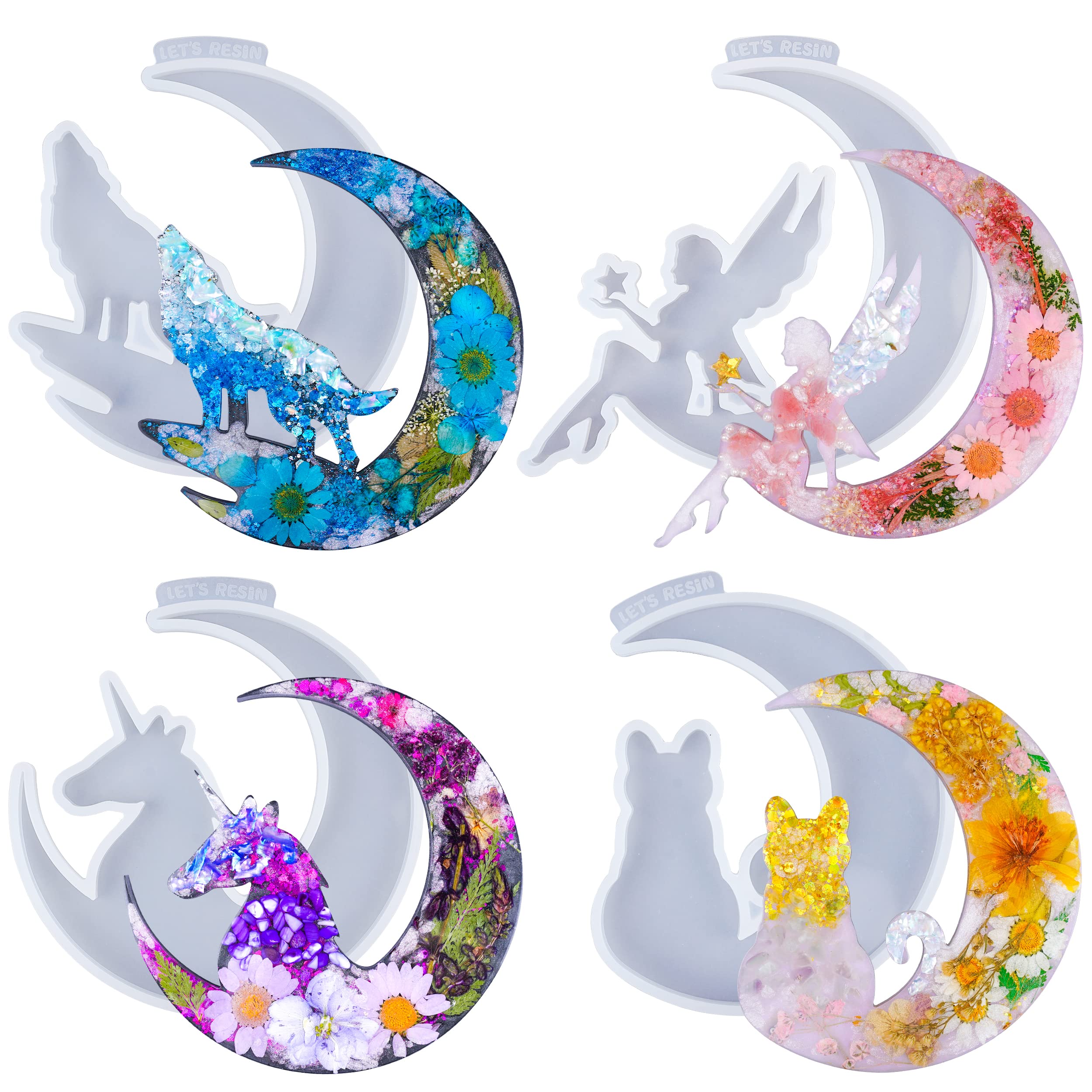 LET'S RESIN Epoxy Resin Molds - Crescent Moon Silicone Molds for DIY Crafts (Wolf, Cat & Unicorn Designs) - Perfect for Jewelry Making, Home Decor & Resin Art Projects