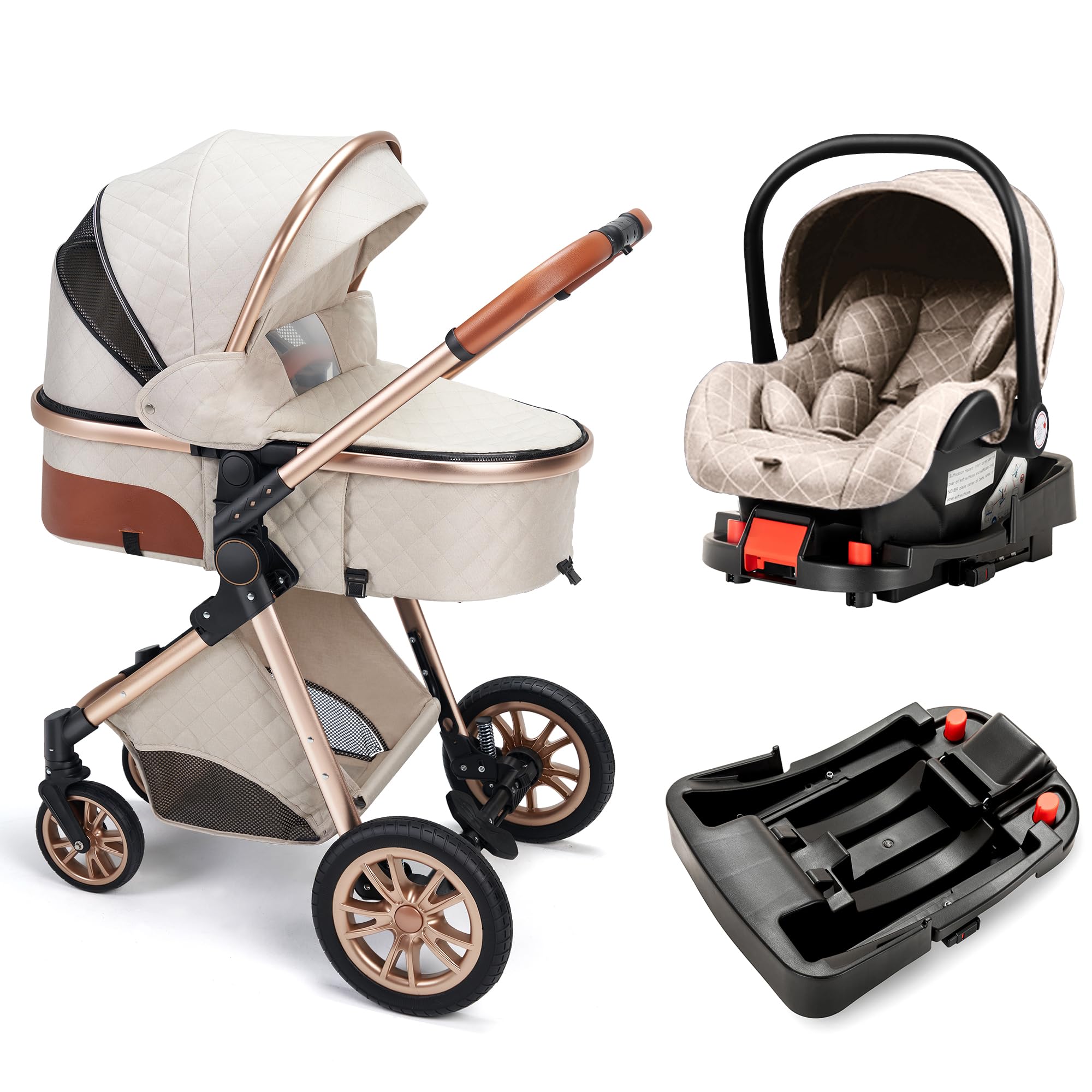 Luxury Vista Stroller - Reversible Seat Folding Baby Pushchair with High Landscape View | Premium Pram for Newborns & Toddlers | Perfect for City Walks, Shopping & Outdoor Adventures (Beige Base)