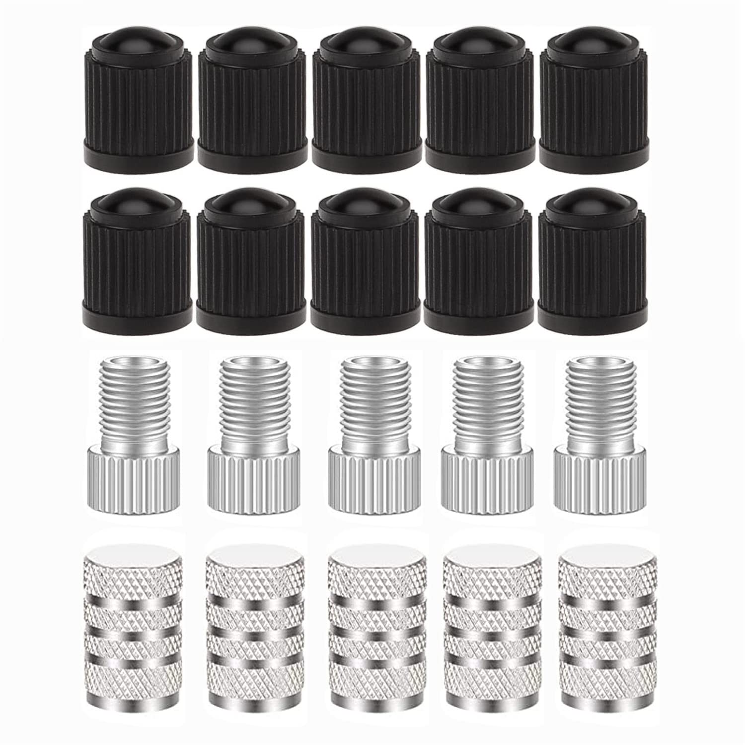 5-Pack Presta to Schrader Valve Adapter - French/UK to US Bike Tire Valve Converter with 15 Valve Caps - Compatible with Mountain Bikes, Road Bikes & Car Tires (Silver) - Perfect for Cycling, Road Trips & Emergency Tire Inflation