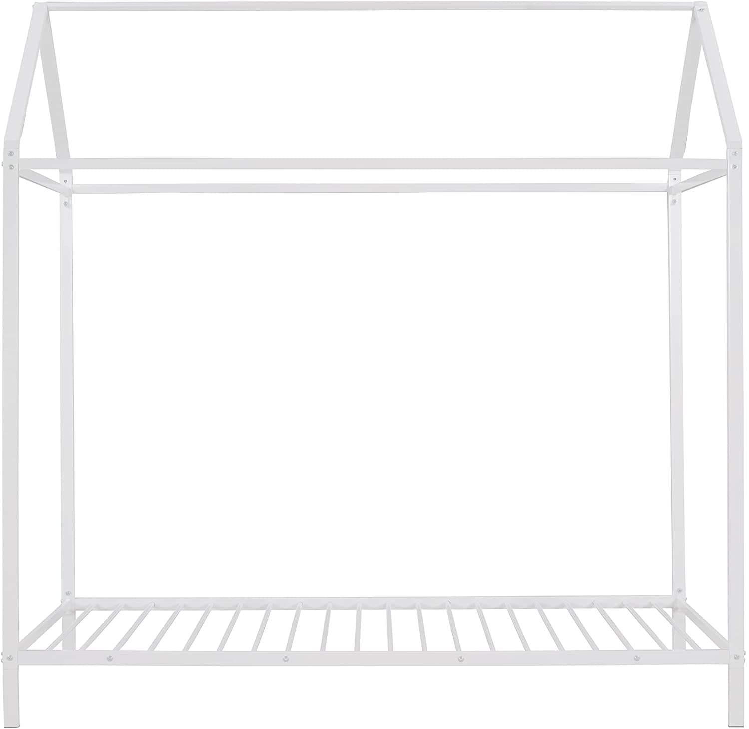 Montessori Twin Metal House Bed for Kids - White Floor Bed Frame with Roof for Boys & Girls - No Box Spring Needed - Perfect for Children's Bedroom & Playroom Decor