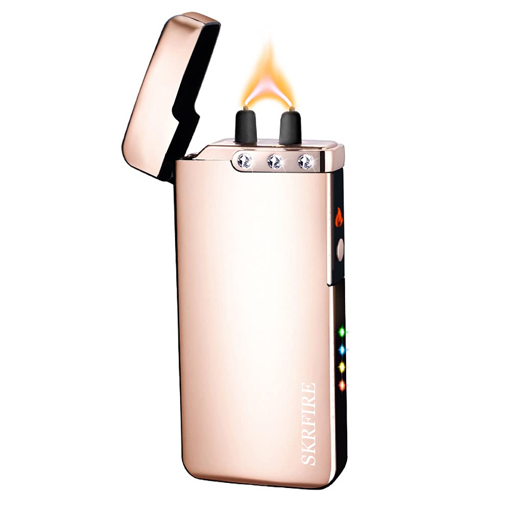 Rechargeable USB Plasma Lighter - Windproof Electric Arc Lighter with 3 Rhinestones, PVD Coating & LED Battery Indicator - Perfect for Smoking, Camping, BBQ & Outdoor Activities (ICY Gold)