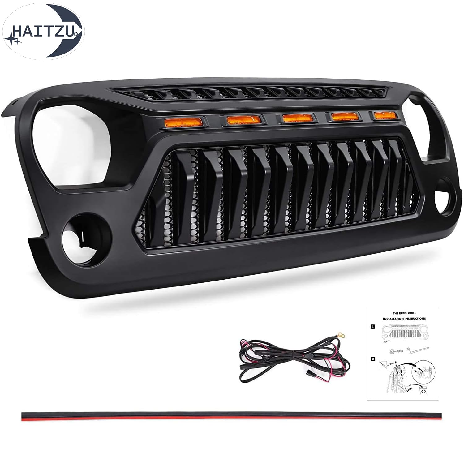 Jeep Wrangler JK & JKU Angry Face Grill (2007-2018) - Matte Black with 5 Amber Lights | Compatible with Rubicon, Sahara, Sport Models | Off-Road & Custom Jeep Accessories Upgrade