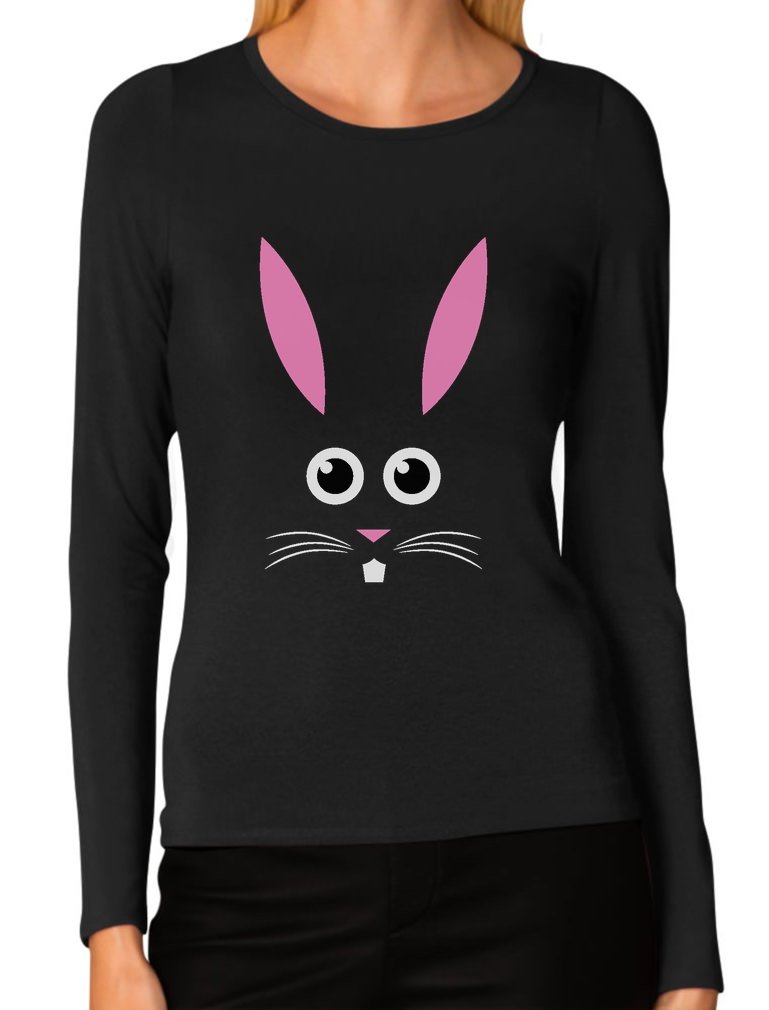 Funny Easter Bunny Face Long Sleeve T-Shirt for Women - Cute Rabbit Graphic Tee for Easter Party, Spring Outfits & Holiday Gifts