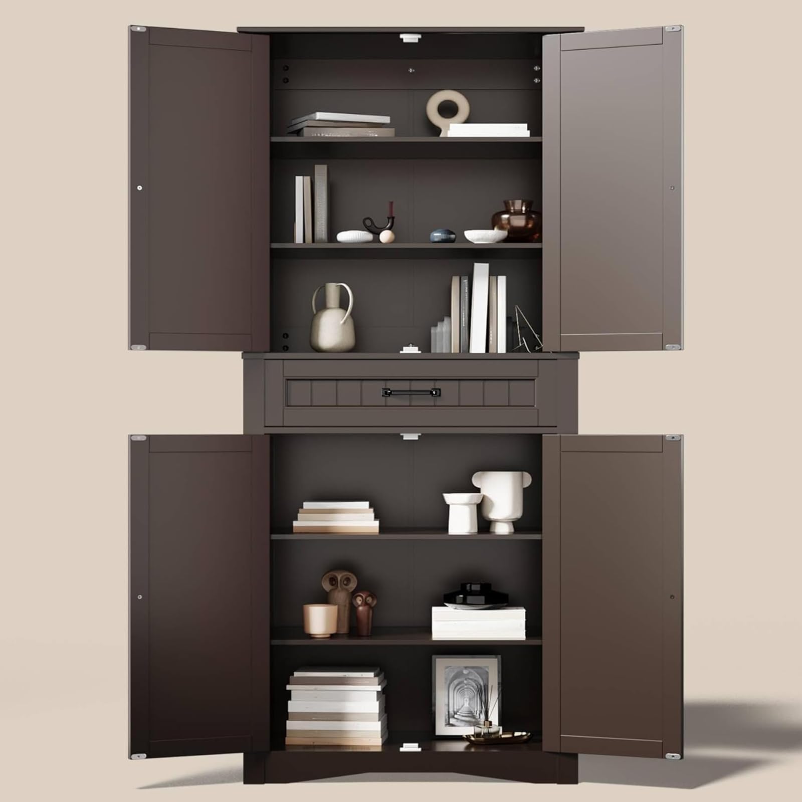 Gizoon 71 Inch Freestanding Pantry Cabinet with 4 Doors & 4 Adjustable Shelves - Large Storage Organizer for Kitchen, Bathroom, Living Room - Perfect for Storing Food, Toiletries & Home Essentials