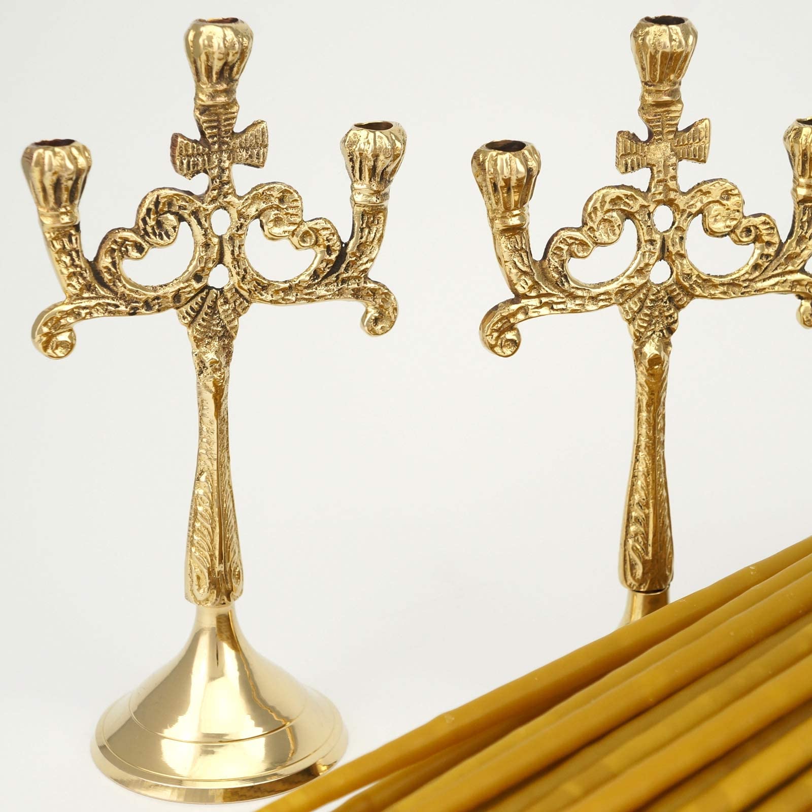 Ornamental Brass Candle Holders - Set of 2 Cross Design Orthodox Candelabras for Church Taper Candles + 100 Pure Beeswax Candles | Perfect for Prayer Corner, Home Altar & Religious Decor | Ideal for Church Services, Home Worship & Spiritual Meditation