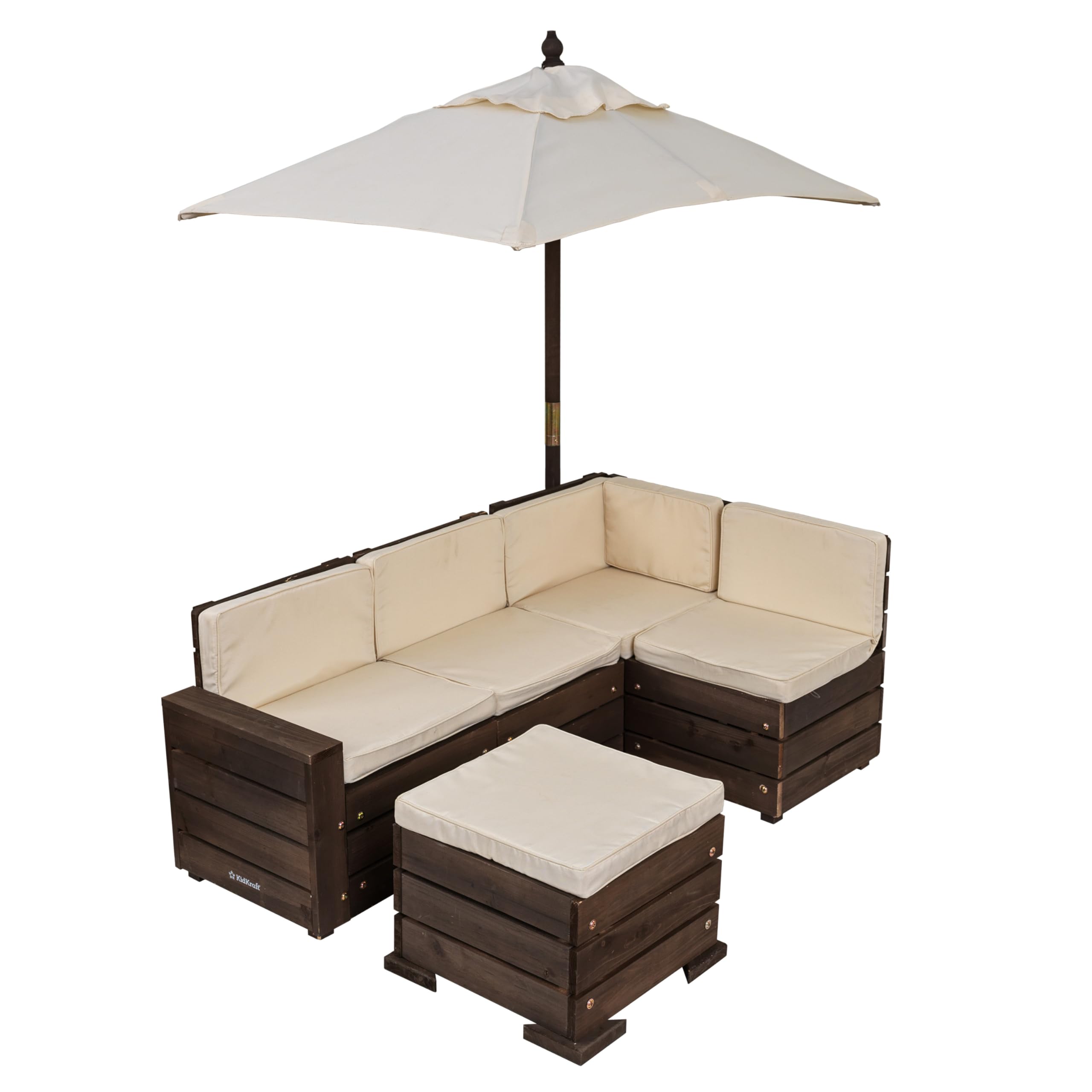 KidKraft Wooden Outdoor Sectional Ottoman & Umbrella Set with Cushions - Bear Brown & Beige Patio Furniture for Kids, Pets - Perfect for Backyard, Garden, Playhouse and Poolside Relaxation