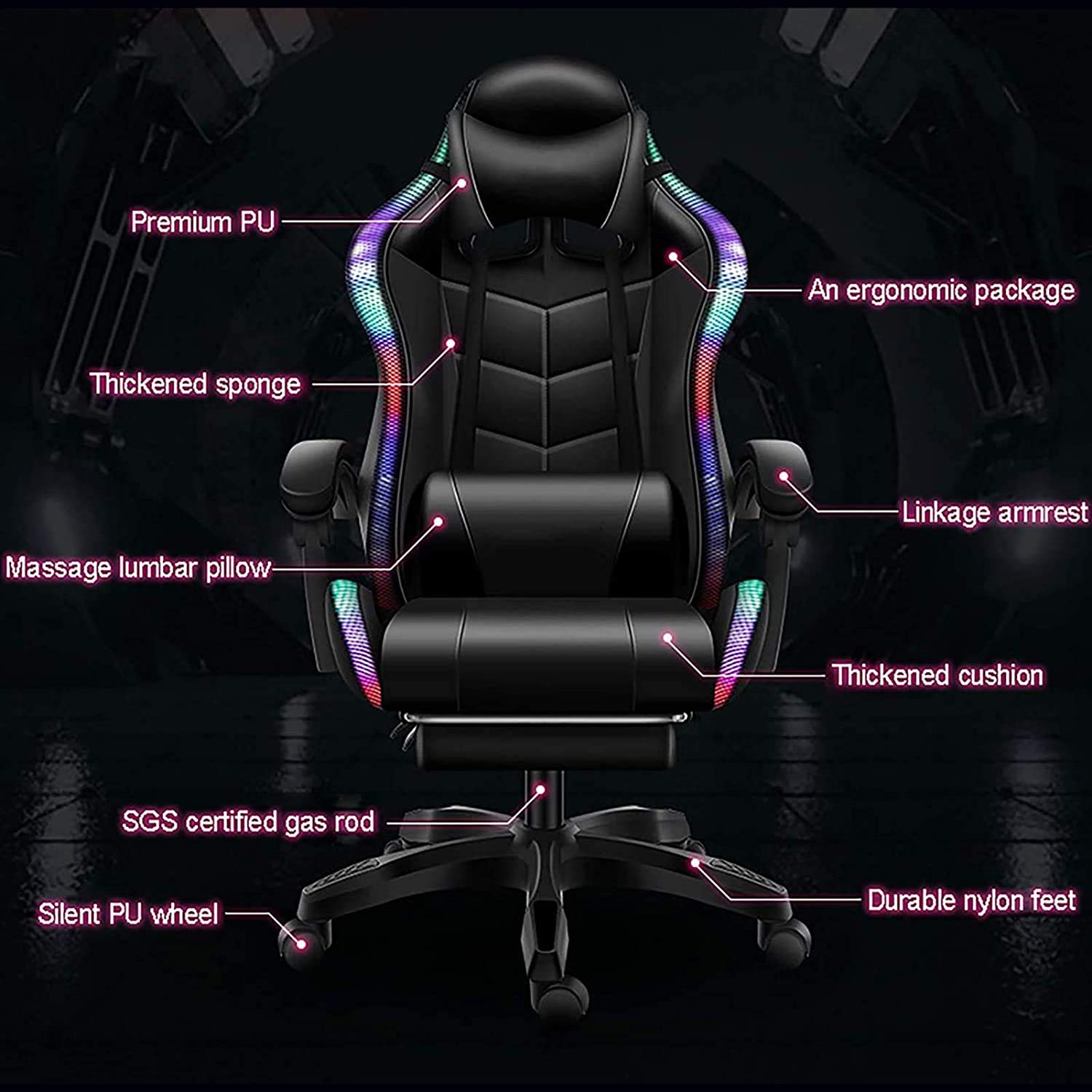 Ergonomic Gaming Chair with Bluetooth Speakers & RGB Lights - Adjustable Lumbar Support & Massage Function for PC/Console Gamers - Perfect for Esports, Streaming & Home Office Setup