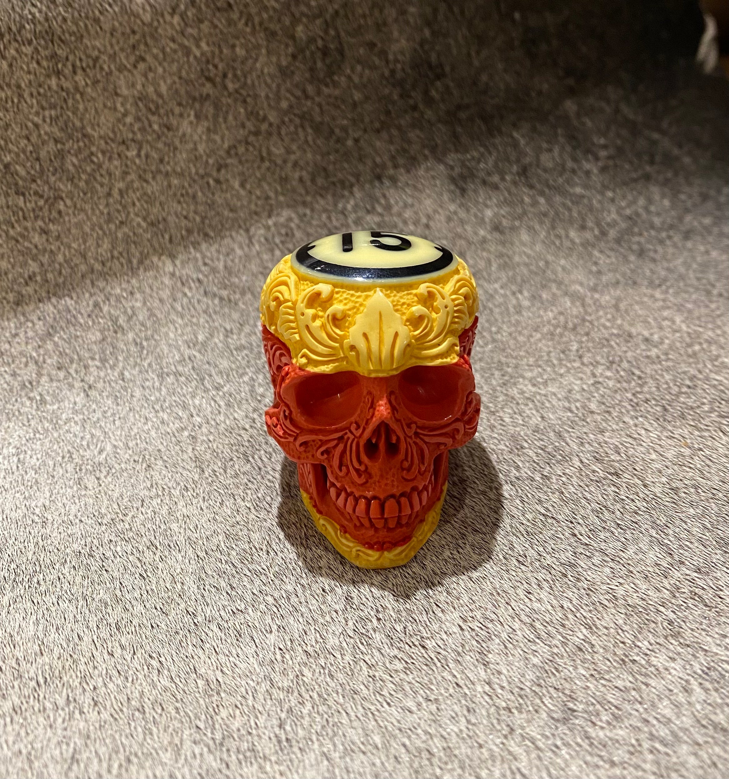 Hand-Carved Flower Skull Pool Ball #15 - Unique Billiards Accessory for Game Rooms & Bars