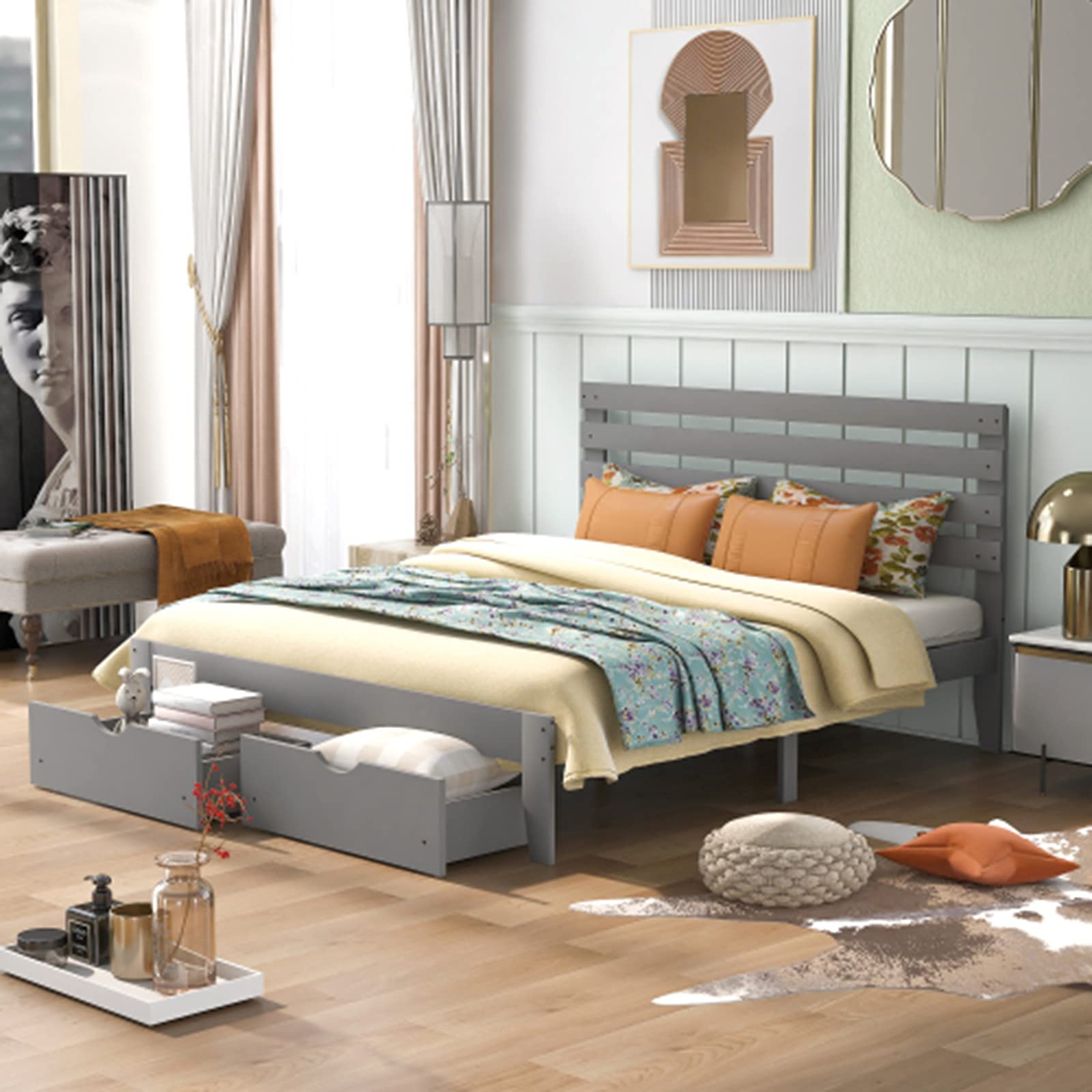 Modern Wooden Queen Platform Bed Frame with 2 Storage Drawers & Pine Wood Slats - Sturdy Headboard Design, No Box Spring Needed - Perfect for Small Bedrooms, Guest Rooms & Space-Saving Solutions (Queen Size, Gray)
