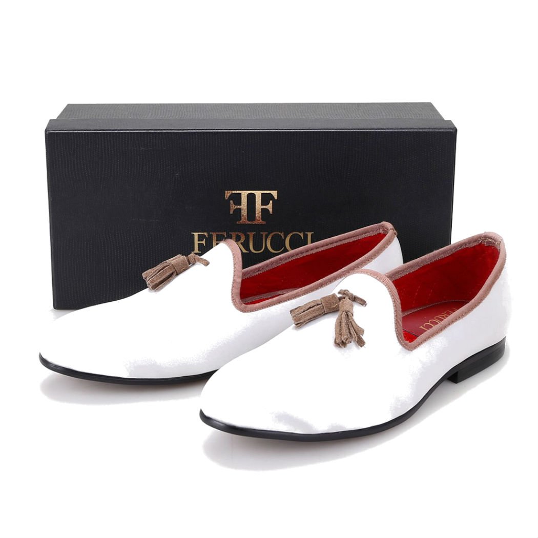 FERUCCI White Velvet Loafers with Brown Tassel - Custom-Made Women's Slippers for Home, Office & Special Occasions
