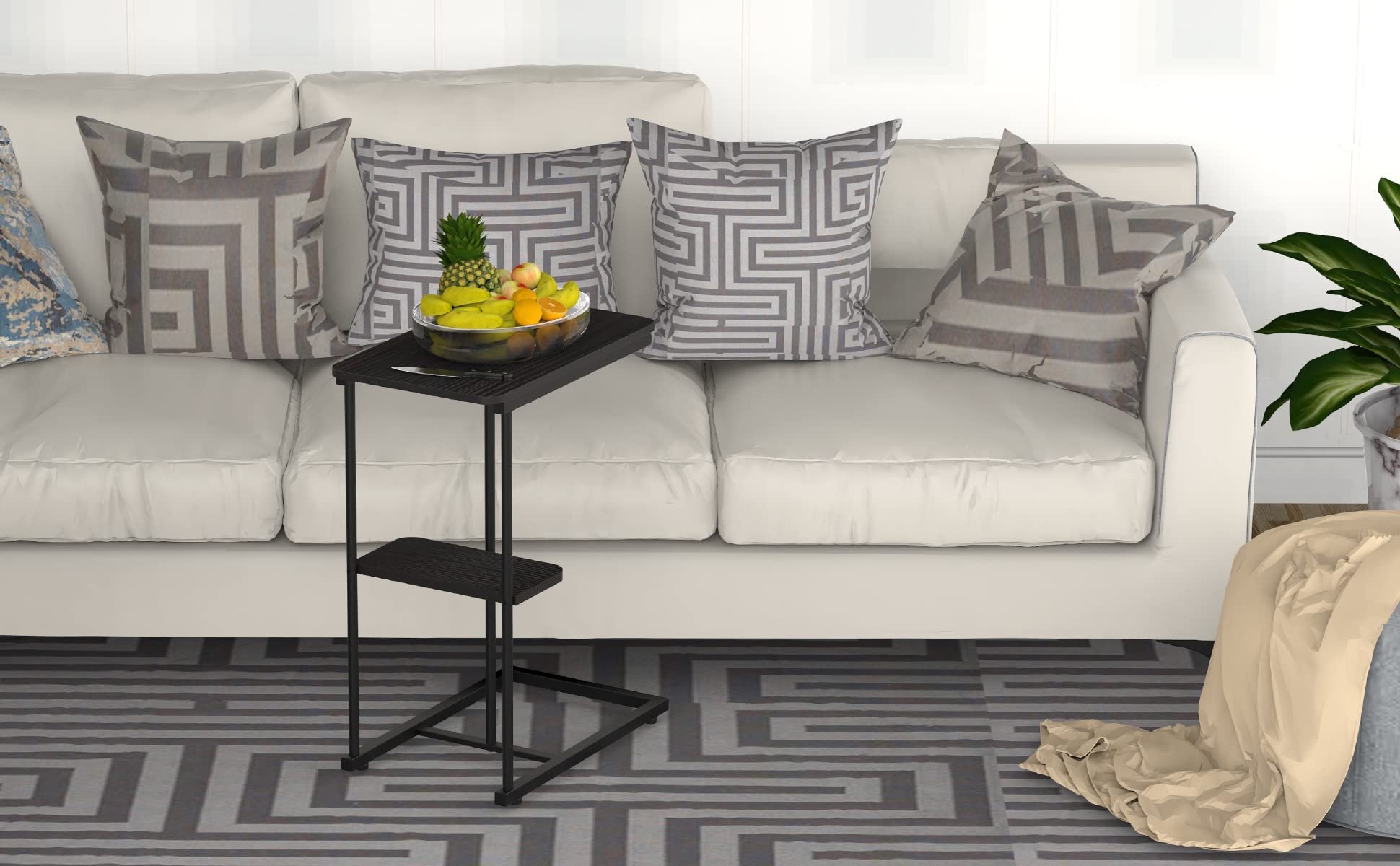 Modern Rectangular C-Shaped Metal End Table with Storage Basket - Portable Laptop Holder & Snack Table for Living Room, Bedroom, Lounge - Perfect for Small Spaces, Home Office & TV Snacking (Black)