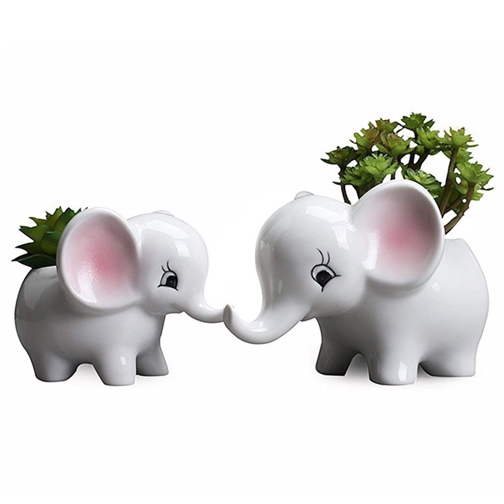GEMORE Ceramic Flower Pots - Set of 2 Elephant Design Planters for Succulents, Cacti & Small Plants | Indoor Desktop Decor & Outdoor Gardening Ideas | Perfect for Home, Office & Gift Giving