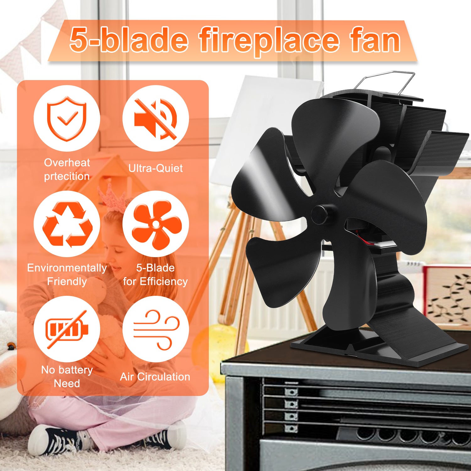 VODA 5-Blade Heat Powered Wood Stove Fan - Efficient Eco-Friendly Fireplace Fan for Home Heating, Camping & Outdoor Use