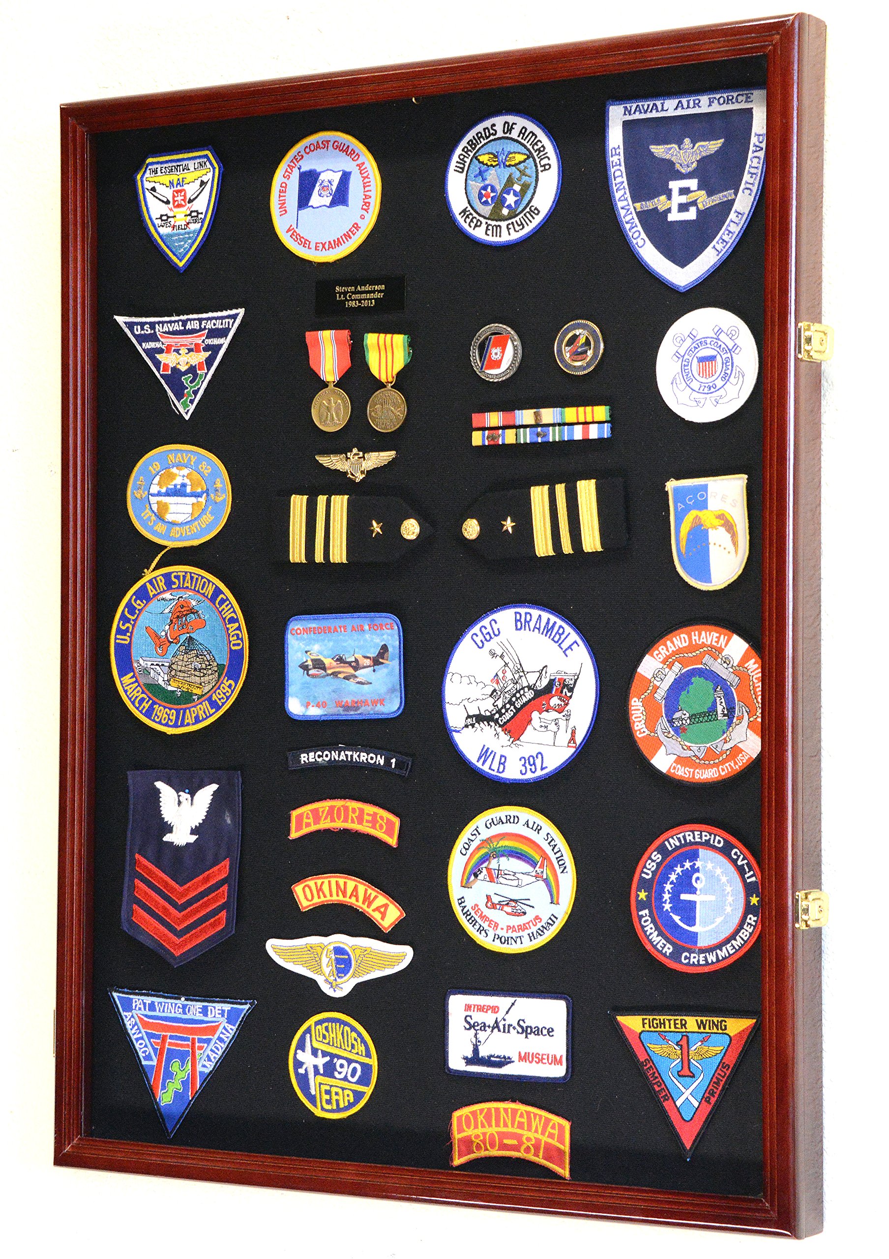 XL Military Display Case - Cherry Wood Shadow Box for Medals, Pins, Patches, Badges, Ribbons & Insignia - Perfect for Veterans, Collectors & Home Decor