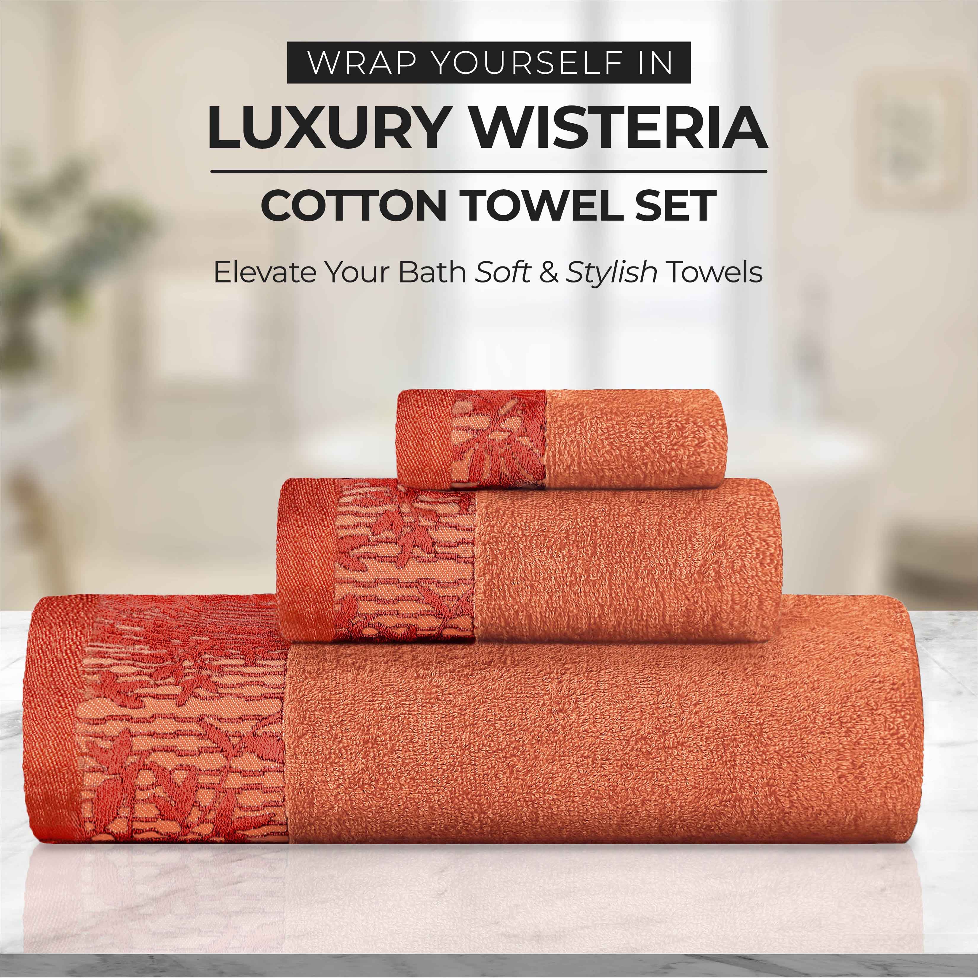 Premium Wisteria Cotton Floral Embroidered Jacquard Border Bath Towel Set of 2 - Soft Absorbent Luxury Towels for Spa, Bathroom & Guest Use