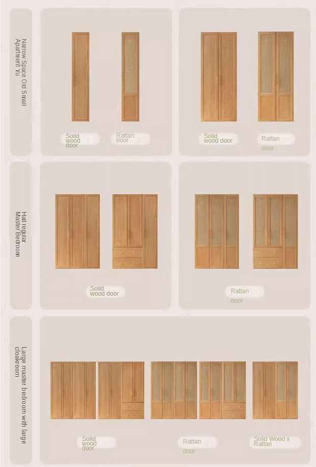 Oak Solid Wood Modular Wardrobe with Rattan Doors - Customizable Closet Storage for Bedroom & Living Room Organization