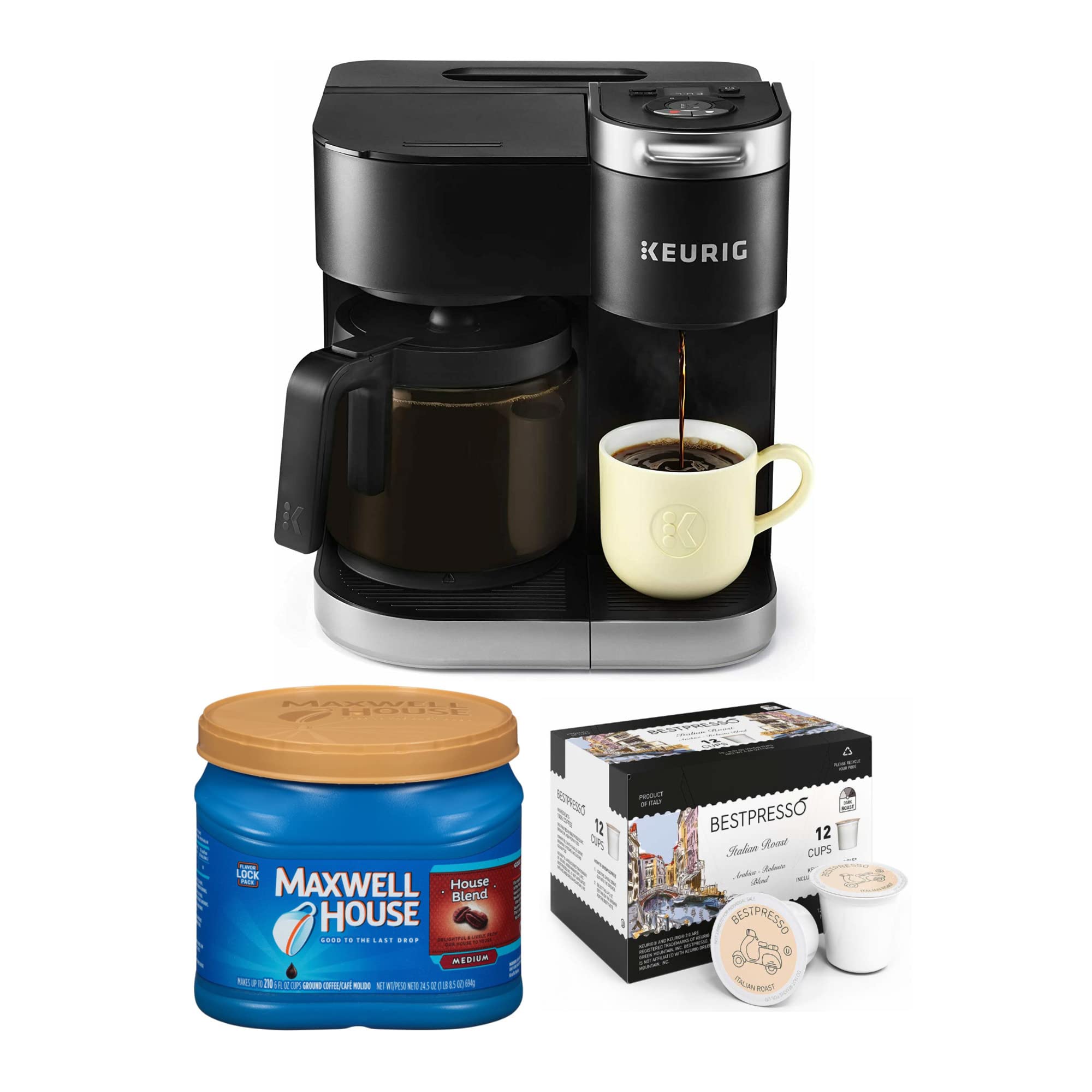Keurig K-Duo Single Serve & Carafe Coffee Maker with Ground Coffee and 12 K-Cup Pods Bundle (3 Items) - Perfect for Home, Office and Entertaining