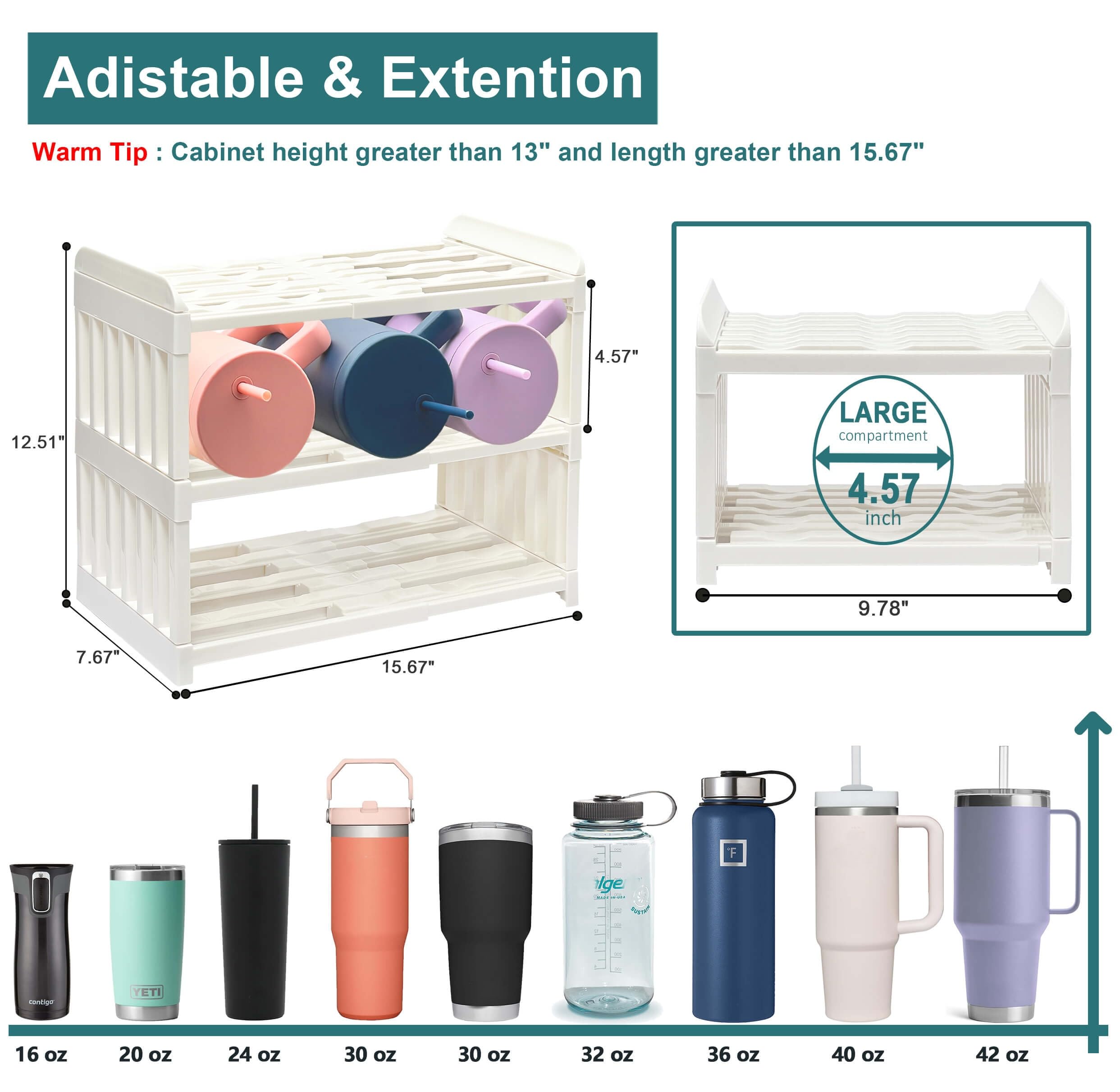 3-Tier Extendable Water Bottle Holder - Space Saving Kitchen Organizer for Tumbler, Mug & Cup Storage | Perfect for Pantry, Cupboard & Countertop Organization