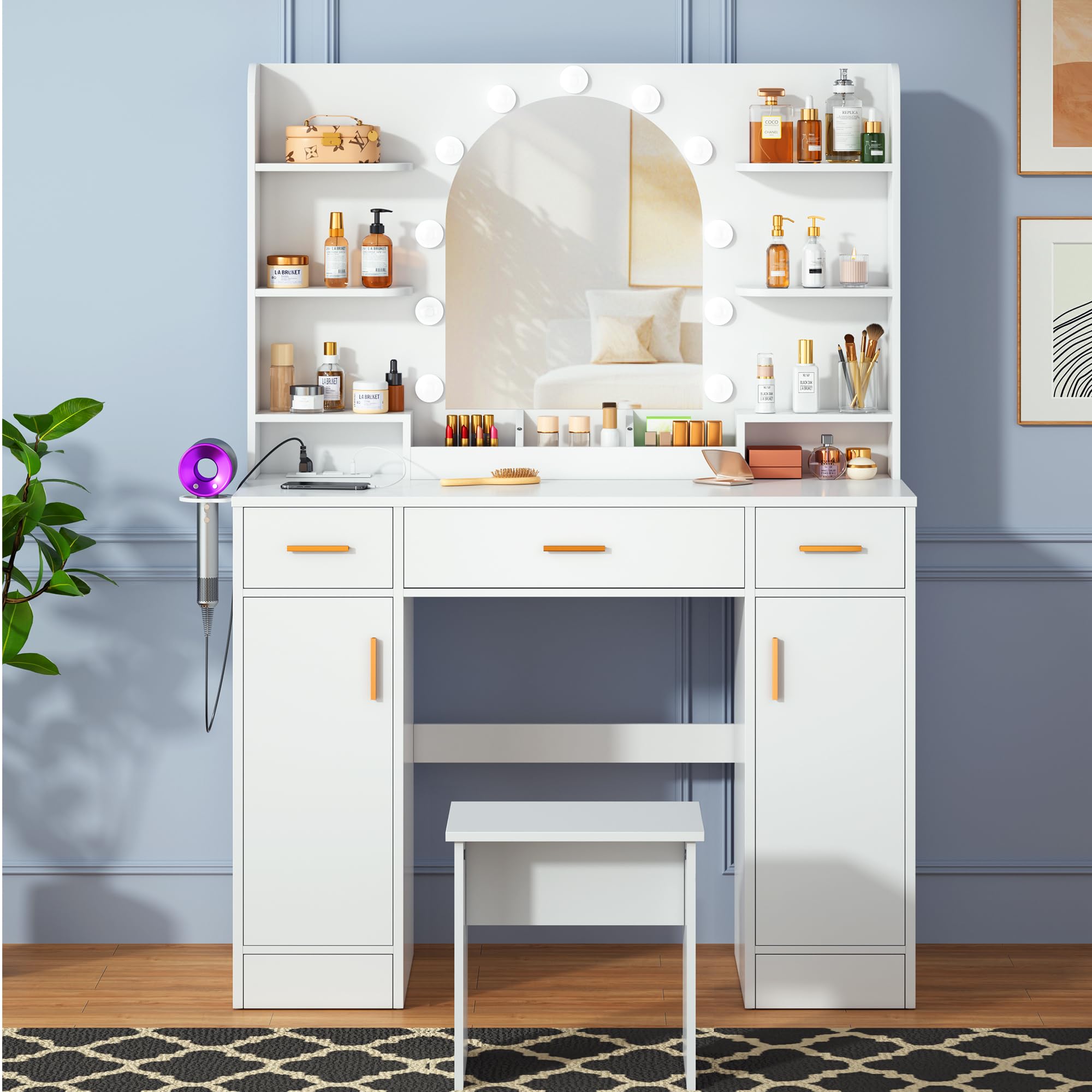 Vanity Desk with Mirror & 11 LED Lights - White Makeup Vanity Table Set with Chair, 5 Drawers, 3 Lighting Modes & 5 Brightness Levels - Dressing Table for Bedroom, Home Decor & Beauty Room Organization