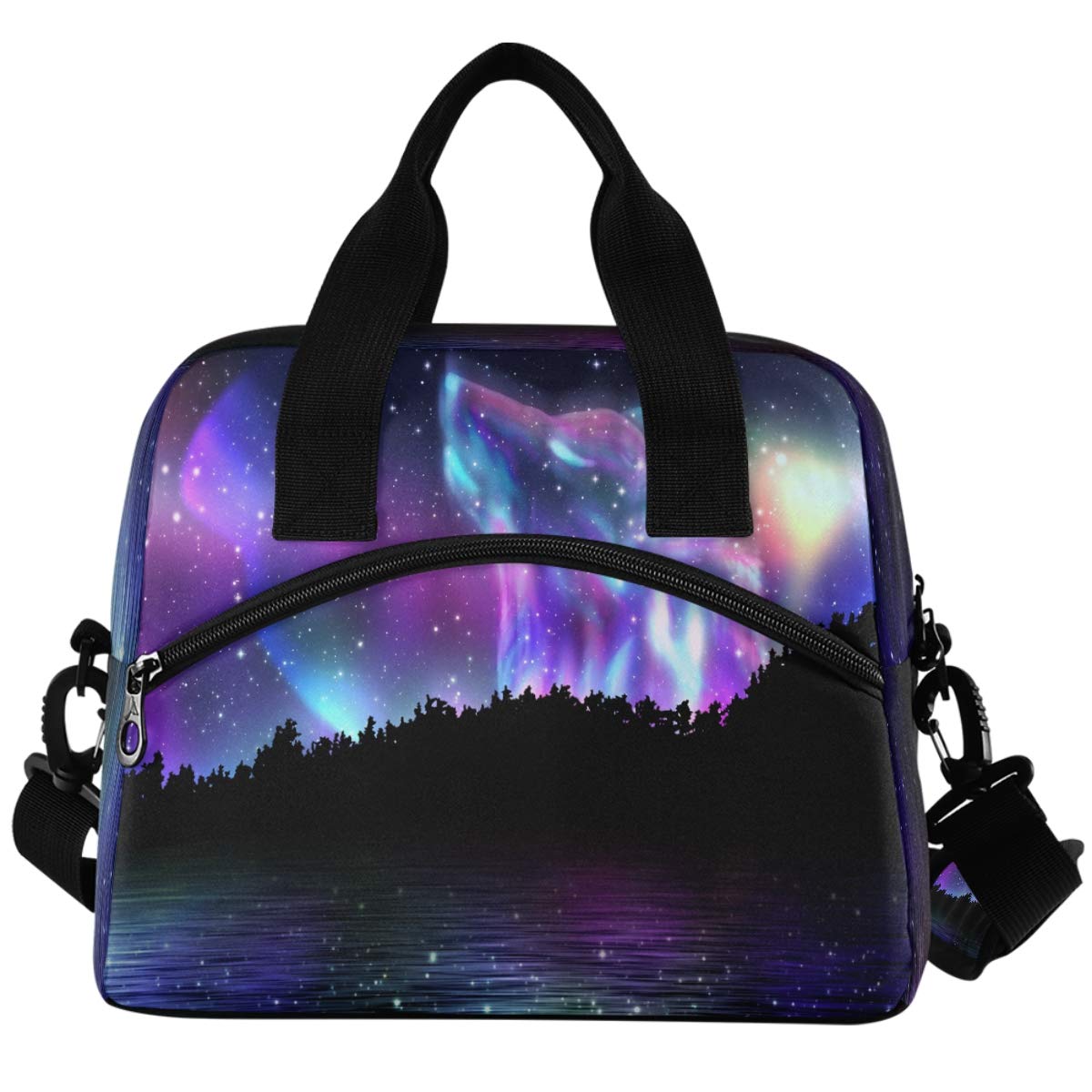 Galaxy Wolf Insulated Lunch Box - Freezable Thermal Cooler Bag for Office, Picnic & Travel | Reusable Starry Forest Animal Design Portable Lunch Tote | Perfect for Work, School, Camping & Outdoor Adventures