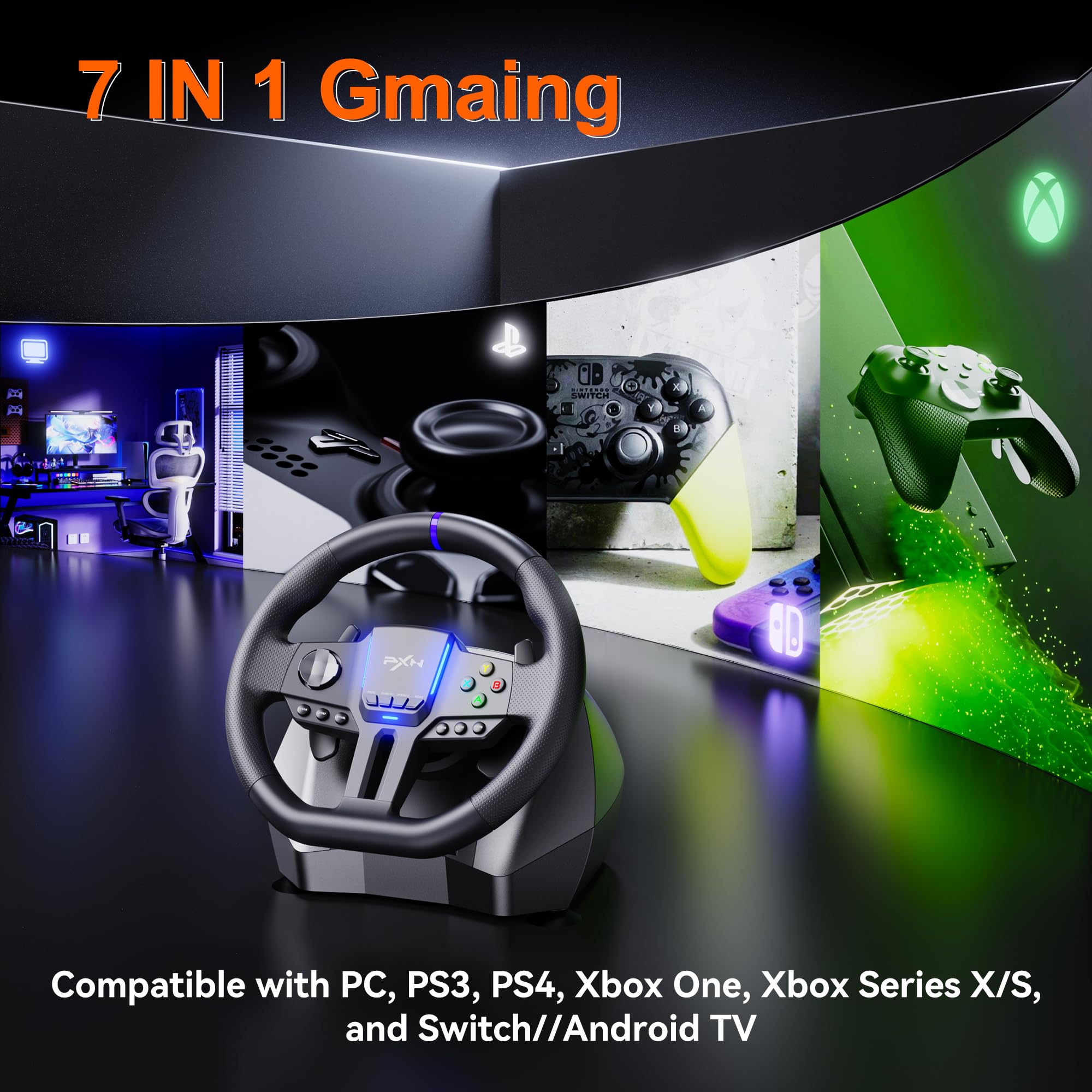 PXN V900 GEN2 Universal USB Racing Wheel - 270/900 Degree Adjustable Steering Wheel with Pedals for PS3, PS4, Xbox One, Xbox Series X/S, Nintendo Switch & Android TV - Perfect for Racing Simulators & Gaming Setups