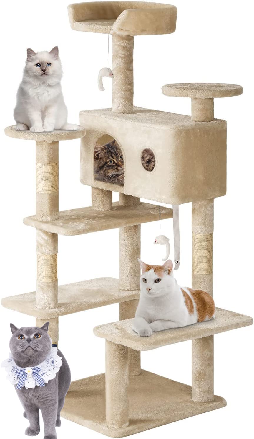 56in Multi-Level Cat Tree Tower with Scratching Posts - Large Cat Condo & Play House for Indoor Cats & Kittens | Durable Pet Furniture for Climbing, Scratching & Playtime Activities