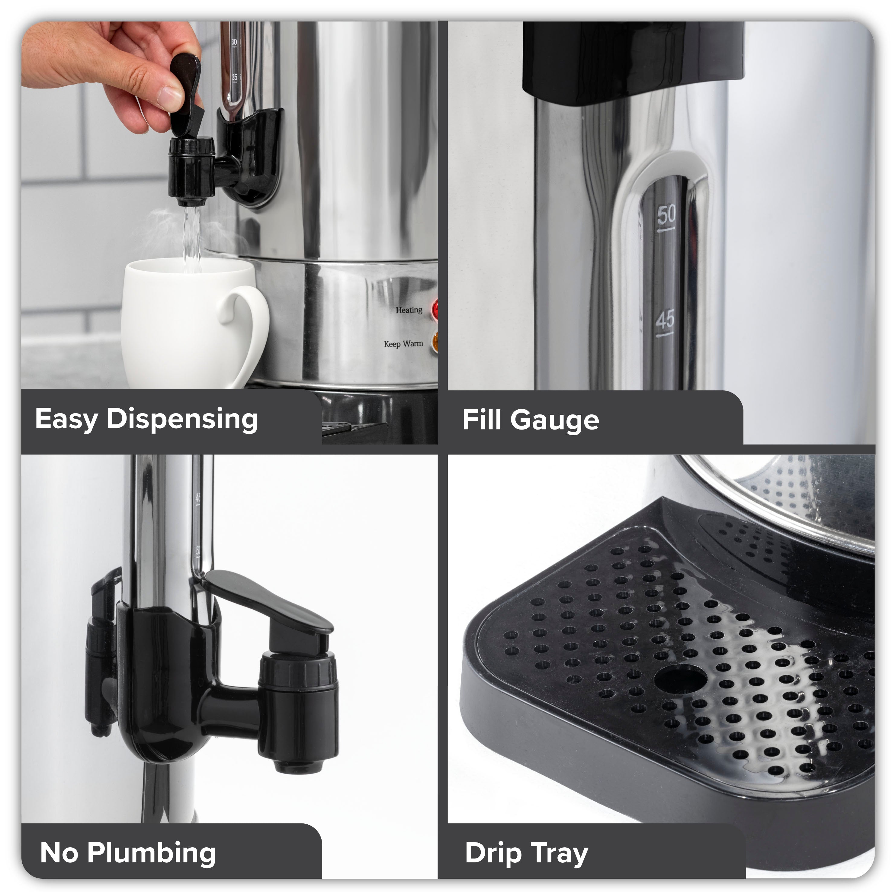 Baridi 10L Stainless Steel Hot Water Boiler & Tea Urn with Drip Tray - Keep Warm Function for Coffee, Tea & Catering - Perfect for Restaurants, Cafes & Events