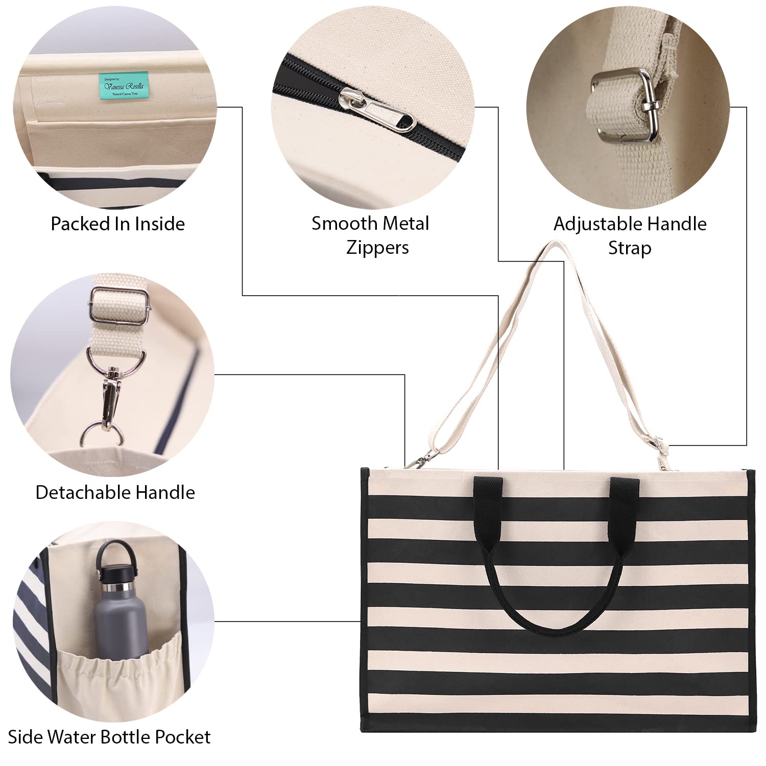 VANESSA ROSELLA XL Beach Tote Bag - Cotton Canvas with Zipper Pockets for Pool, Travel & Picnic