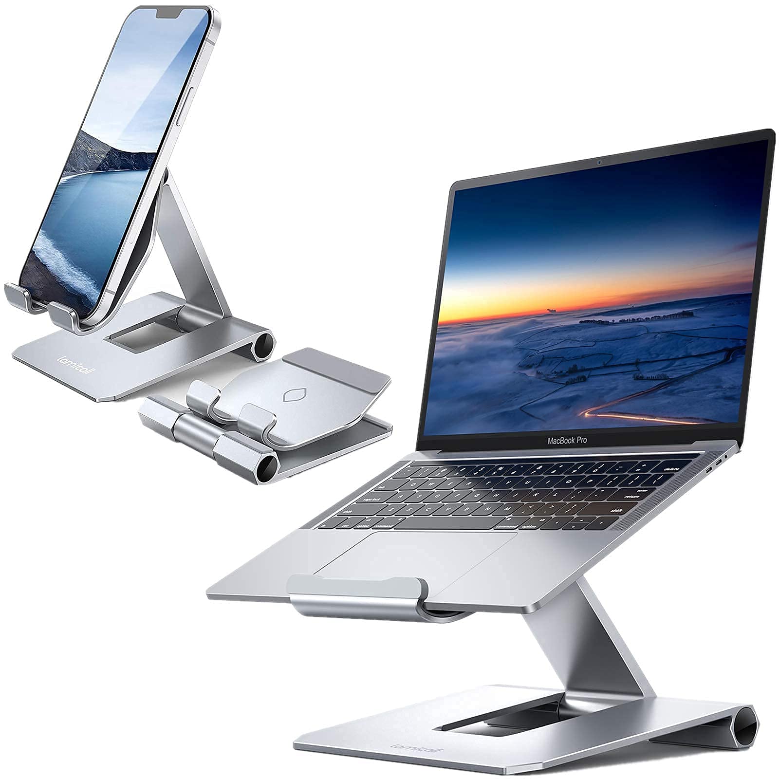 Lamicall Adjustable Phone Stand & Laptop Stand Holder Set - Silver | Multi-Angle Viewing for Work, Gaming & Video Calls | Compatible with iPhone, iPad, MacBook & Tablets