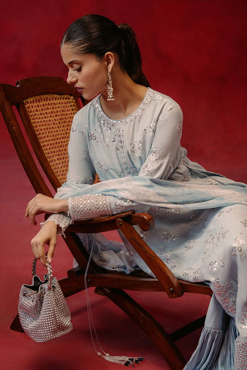 MAJESTIC AZURE 3-Piece Silk Embroidered Suit for Women | Luxury Formal Wear | Wedding, Party & Special Occasion Outfit