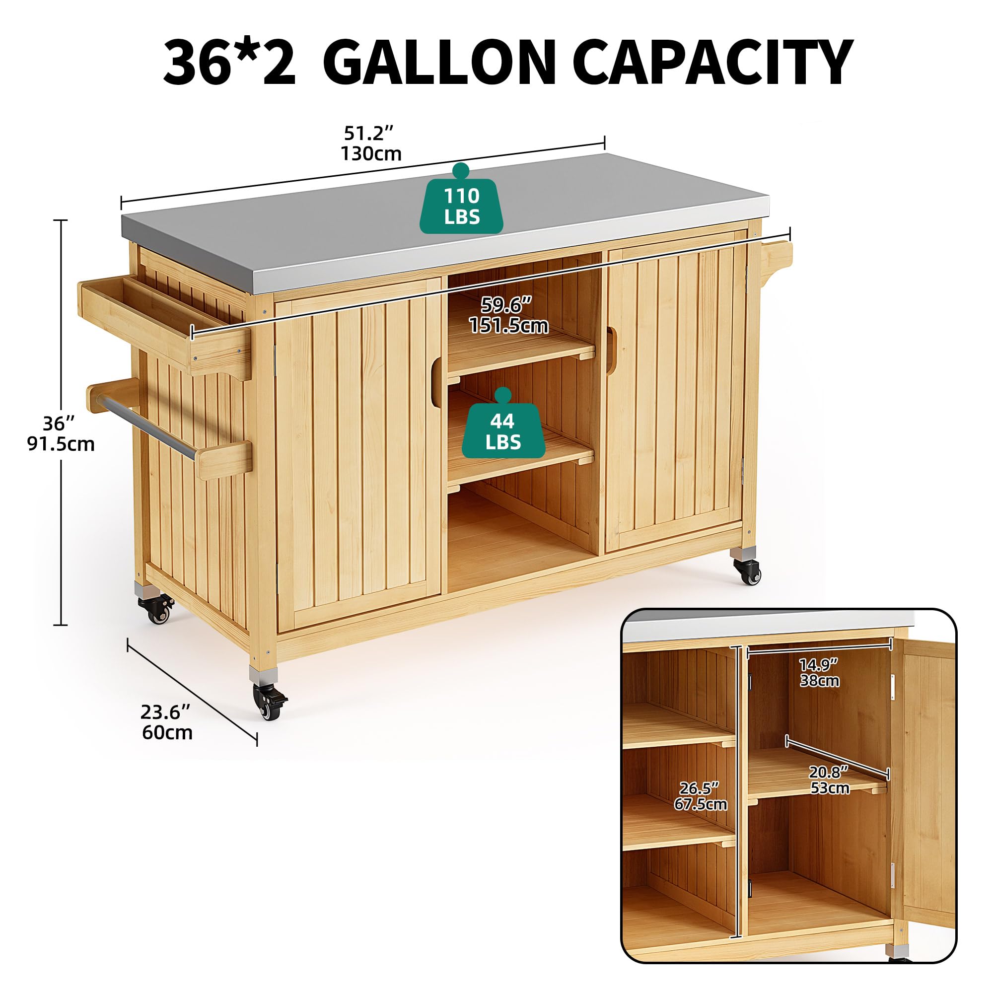 YITAHOME Solid Wood Patio Bar Table - XL Outdoor Storage Cabinet with Spice Rack & Side Handle - Large Space Portable Kitchen Island for Patio, Garden, Porch, Balcony - Perfect for Outdoor Entertaining & Small Space Storage
