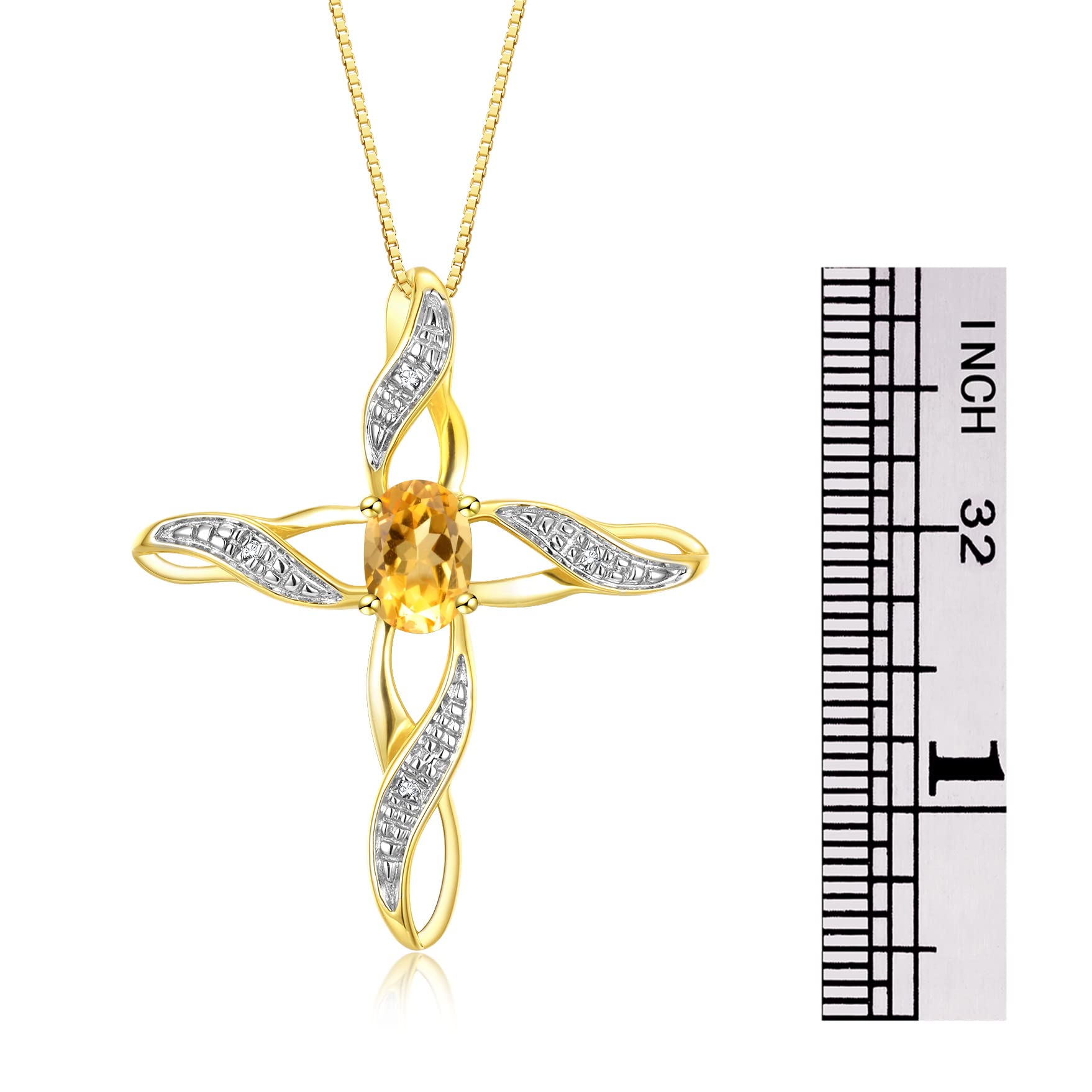 Rylos 925 Sterling Silver Yellow Gold Plated Cross Pendant Necklace with Gemstone & Diamonds - 18