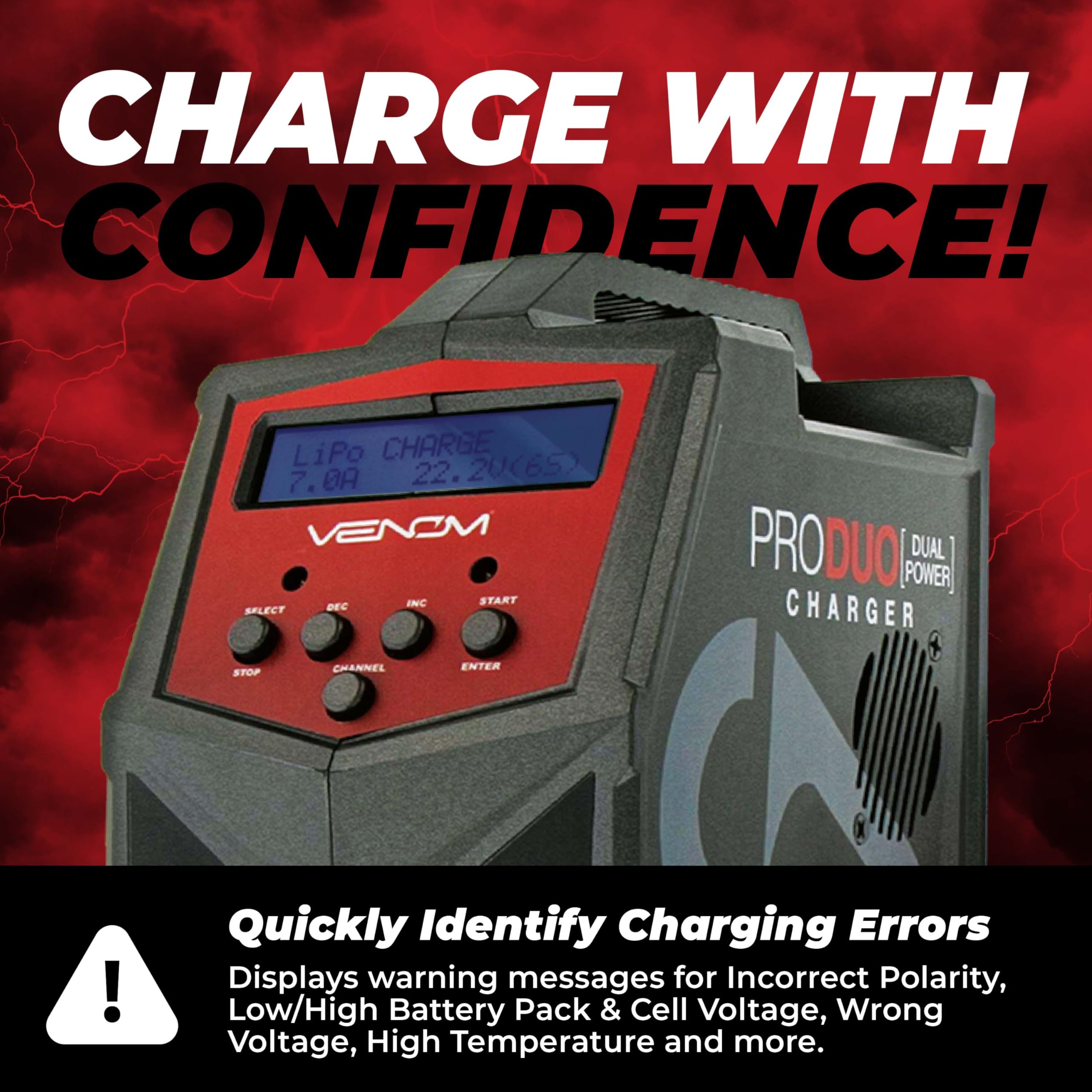 Venom Power Pro Duo LiPo Battery Charger - LCD Display with Charging Cables - Balance Charger & Discharger for LiPo, LiHV, Li-Ion, LiFe, NiMH, NiCd, Pb Batteries (1S-6S) - Perfect for Drones, RC Cars, Airplanes & Hobby Vehicles - Fast Charging & Safe Power Supply