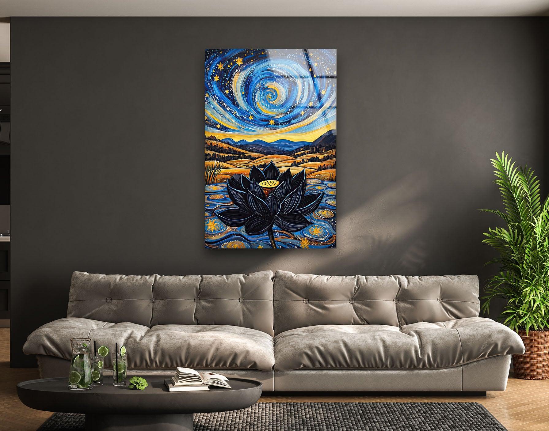 Black Lotus Glass Wall Art - Elegant Handmade Stained Glass Decor for Home & Office - Perfect for Living Room, Bedroom, and Meditation Spaces