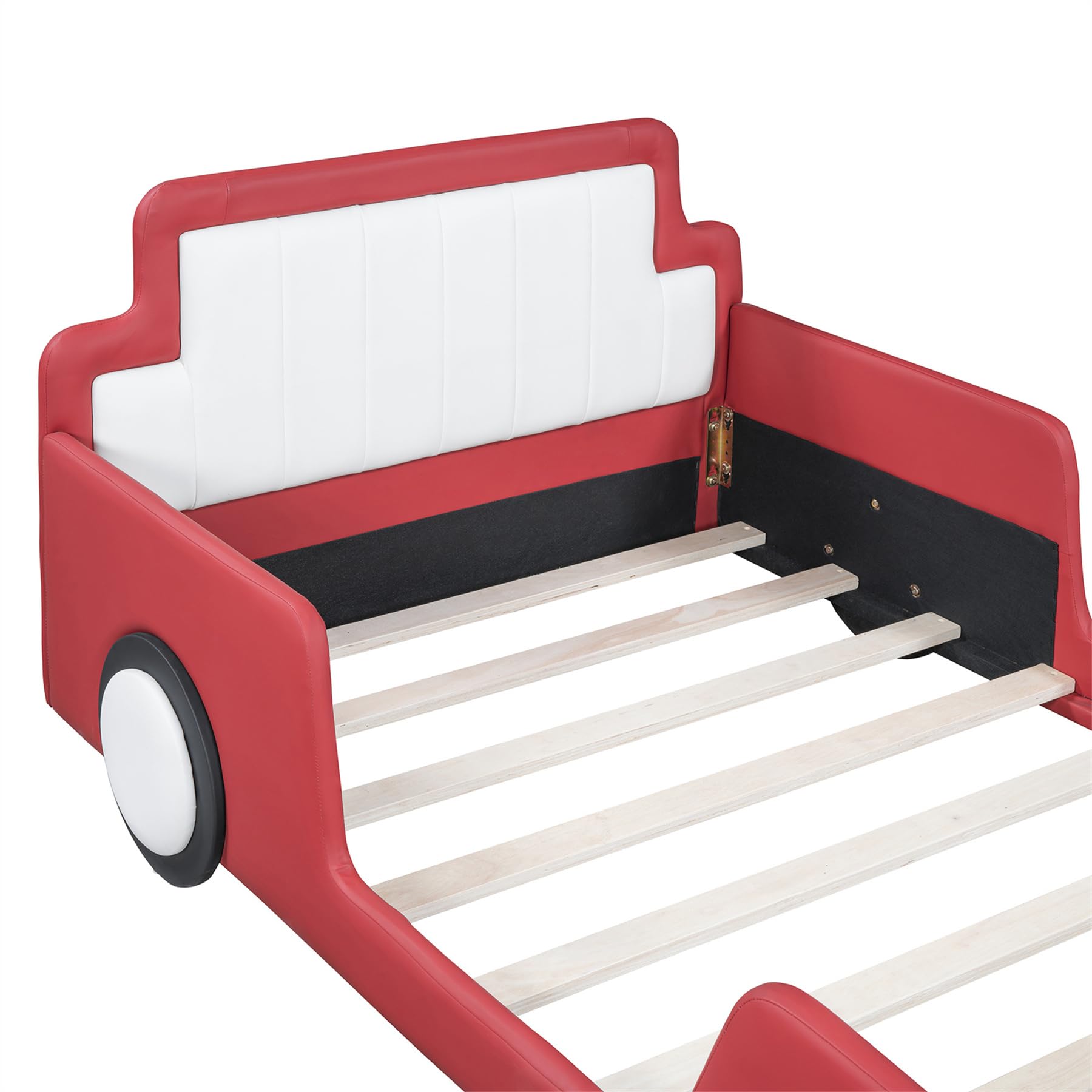 Merax Twin Size Race Car Platform Bed for Boys - No Box Spring Needed with Soft PU Leather Headboard & Footboard, Wheels Included | Perfect Kids Bedroom Decor for Racing Theme & Small Spaces