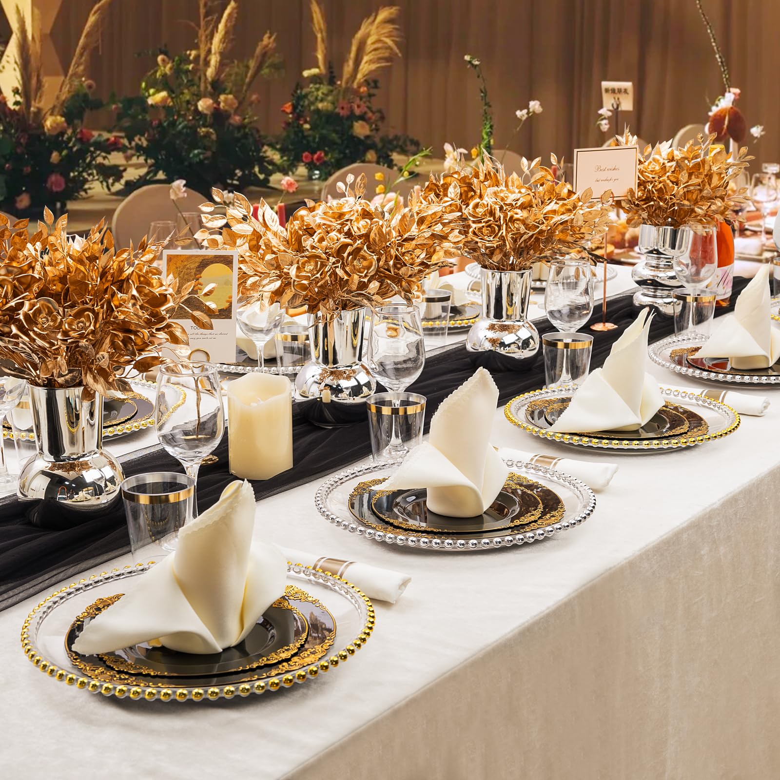 Hioasis 350-Piece Black and Gold Plastic Dinnerware Set - 50 10.25