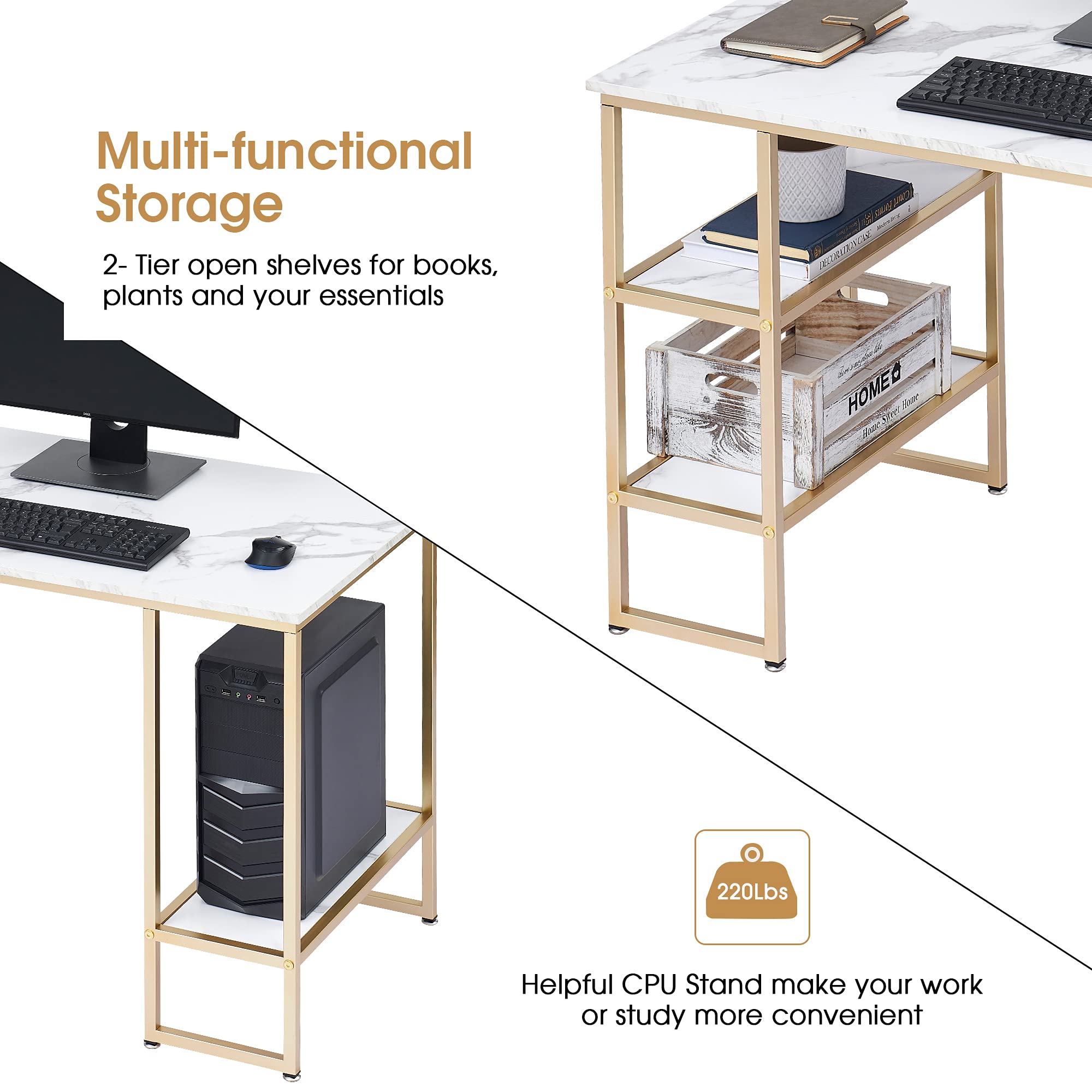 ivinta Modern Computer Desk - 44.9 Inch Office Desk with 3-Tier Storage Shelves & CPU Stand | White & Gold Vanity Desk for Small Spaces | Perfect for Home Office, Living Room & Dorm Room Workspaces