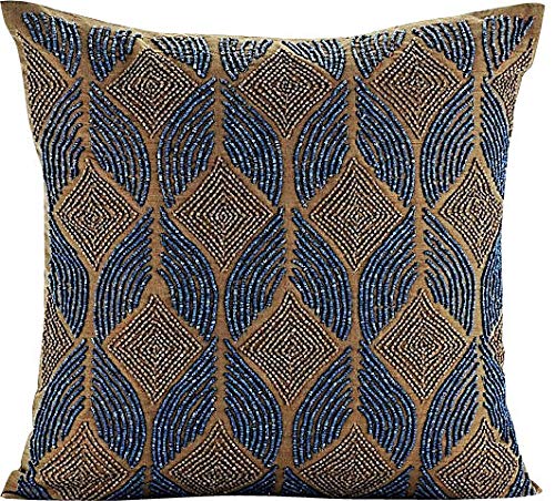 Premium Handmade Silk Cushion Cover 24x24 Inch - Blue Geometric Moroccan Design Throw Pillow Case for Sofa, Chair & Bed Decor - Luxury Home & Office Decorative Accent