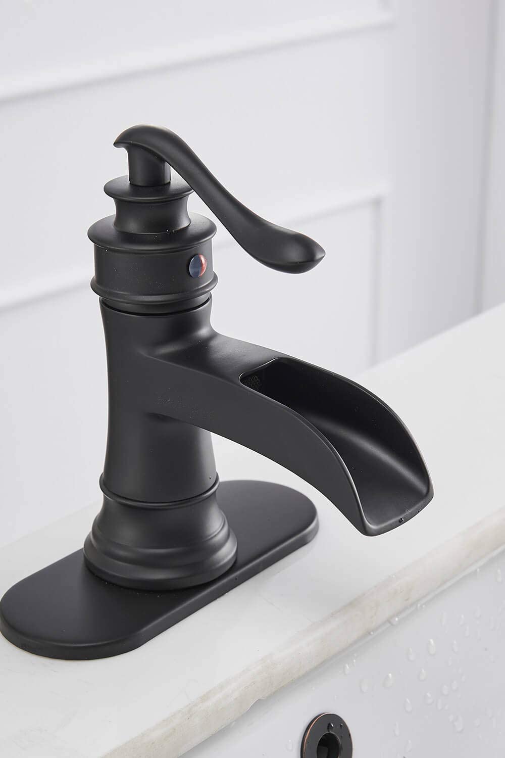 Black Matte Waterfall Bathroom Faucet with Pop-Up Drain - Farmhouse Vanity Sink Faucet Set Includes Hole Cover & Escutcheon Plate - Perfect for Modern & Rustic Bathroom Decor
