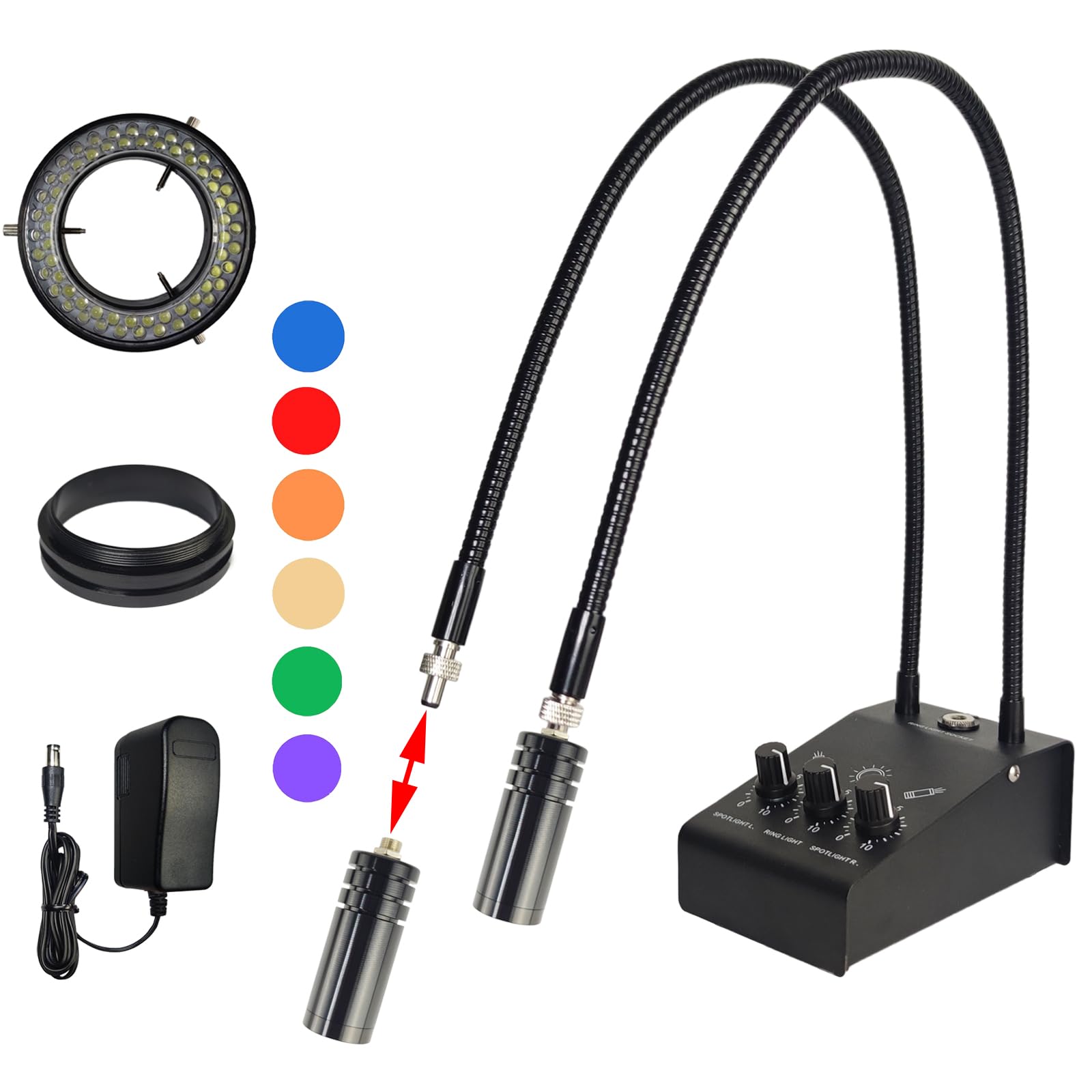 6W 6500K Dual Gooseneck Microscope Light with 64 LED Ring Illuminator - Adjustable Spotlight for Industrial Digital Stereo Microscopes, PCB Repair, Soldering - Perfect for Electronics Workbench, Jewelry Making, and Scientific Research