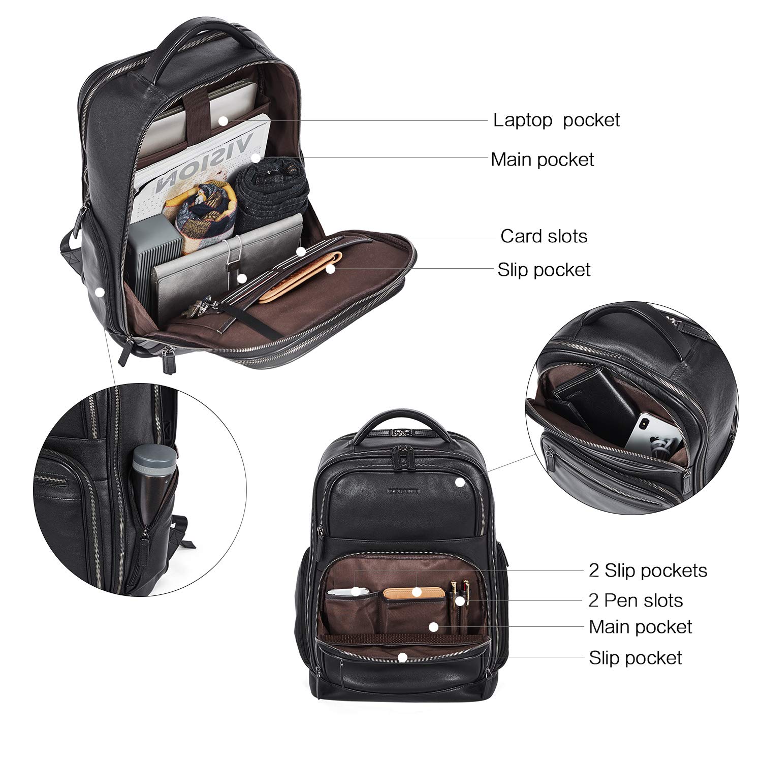 BOSTANTEN Genuine Leather Backpack for Men - 15.6 Inch Laptop Backpack with USB Charging Port - Waterproof College Travel Backpack for Work, School & Business - Black