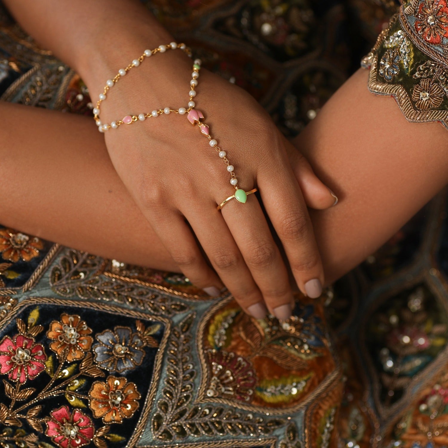 Jalaja Lotus Bud Ring Hand Chain Bracelet - Boho Chic Jewelry for Women, Adjustable Hand Harness Bracelet for Festival, Wedding & Party Accessories