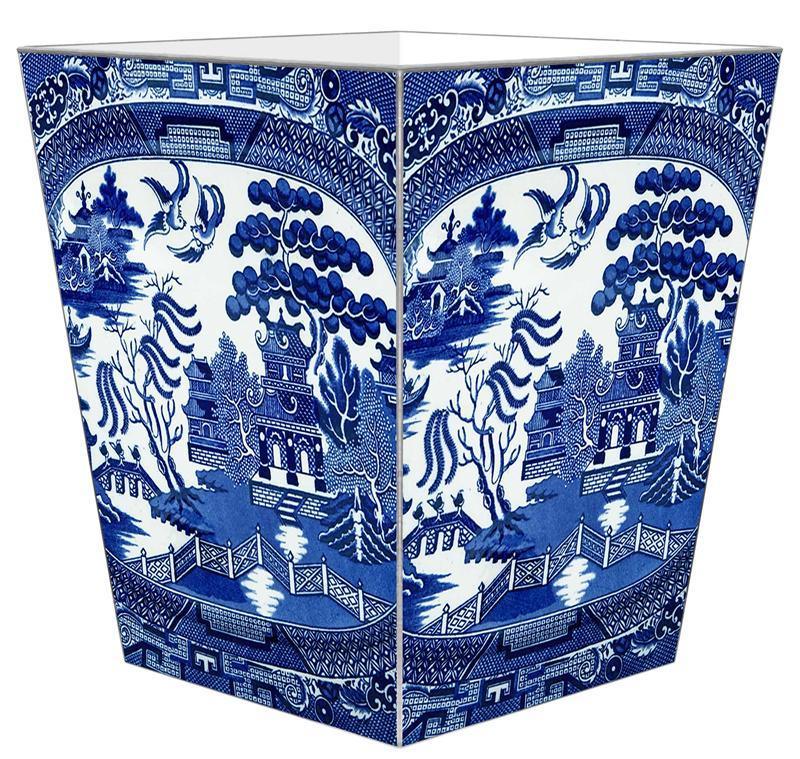 Blue Willow Decoupage Waste Basket with Optional Tissue Box Cover - Vintage Floral Trash Can for Bathroom, Bedroom & Office Decor