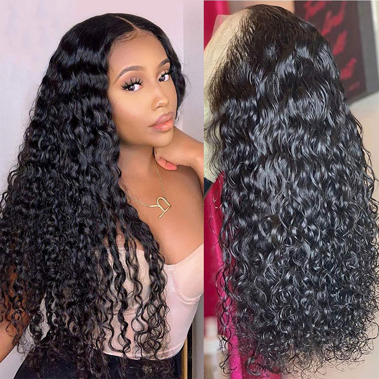 13x4 HD Lace Front Wigs Human Hair - Glueless Brazilian Virgin Hair Water Wave Lace Wig with Baby Hair 180% Density (26 Inch, Natural Black) | Wet & Wavy Curly Wigs for Women | Perfect for Daily Wear, Parties & Special Occasions