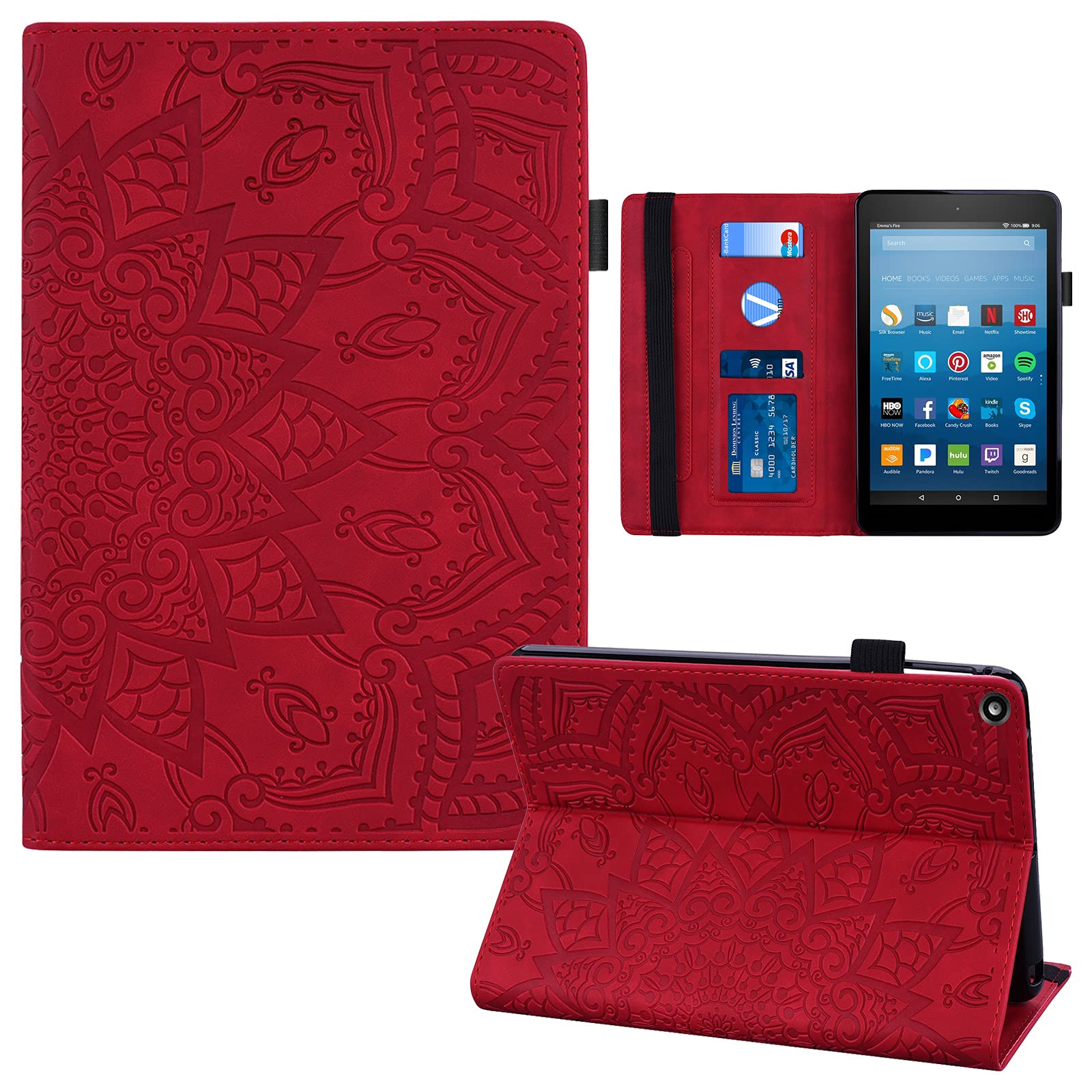 Premium Protective Case for Amazon Kindle Fire HD 8 (8th/7th/6th Gen, 2018/2017/2016) - Magnetic PU Leather Cover with Card Slot, Kickstand & S Pen Holder - Red - Perfect for Reading, Travel & Work